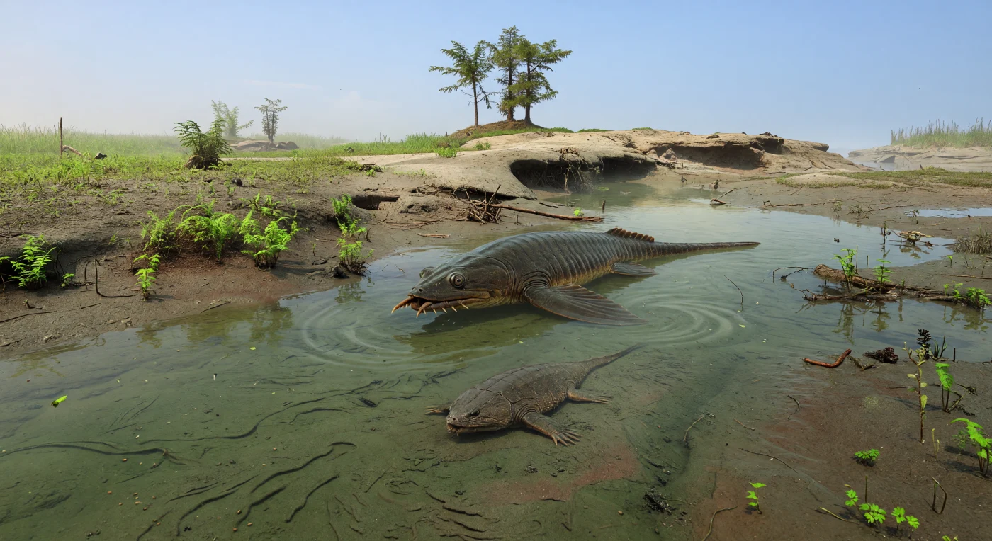 En un arroyo mareal salobre del Devónico tardío, hace unos 370–360 millones de años, un enorme euriptérido *Pterygotus* de 1,5 metros se desliza sobre lodos laminados en busca de presas, con sus apéndices frontales espinosos extendidos en postura de caza. A su alrededor, diminutos ostrácodos rebuscan en el fondo y un *Bothriolepis*, pez placodermo acorazado, se alimenta del sedimento en aguas verdes y turbias. En la orilla baja se alzan algunas de las primeras plantas vasculares y pequeños árboles de tipo *Archaeopteris*, testigos de los primeros bosques costeros de Laurussia, donde la vida terrestre y acuática empezaba a transformar el planeta.
