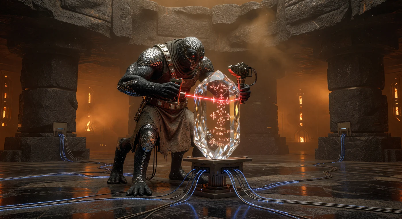 En esta bóveda subterránea de un mundo con gravedad 6g, un escriba Lithoderm —un post-humano de densa musculatura y simetría cuadrilateral— utiliza un láser de rubí para grabar el conocimiento científico en placas de diamante sintético. Perteneciente a la Era Galáctica (aprox. 5.000-20.000 d.C.), esta especie desarrolló una piel blindada con micro-placas metálicas y una estructura ósea reforzada con nanotubos para resistir el aplastante peso de su entorno. Estos "Archivos de Diamante" representan la cúspide de la preservación de datos en las colonias de alta gravedad, donde la información se talla a nivel molecular para perdurar frente a las inmensas presiones tectónicas a través de los eones.