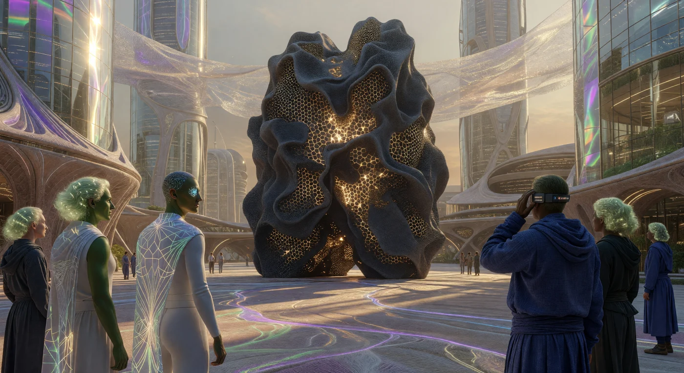 En esta vista de una plaza pública del año 2085, durante el periodo del Amanecer Aumentado, una escultura monumental de "Smart-Stone" —un mineral programable compuesto por billones de nanobots— ondula con la cadencia rítmica de un pulmón biológico. La estructura de tres pisos de altura exhala una luz de ámbar sintético a través de una red hexagonal, proyectando sombras sobre ciudadanos que exhiben adaptaciones evolutivas como piel fotosintética y cabello bioluminiscente. Esta escena ilustra la convergencia definitiva entre la geología artificial y la humanidad mejorada, donde grupos como los "Hiperconectados" y los "Re-asilvestrados" conviven bajo una arquitectura de micelio autorreparable y cielos filtrados por velos atmosféricos.