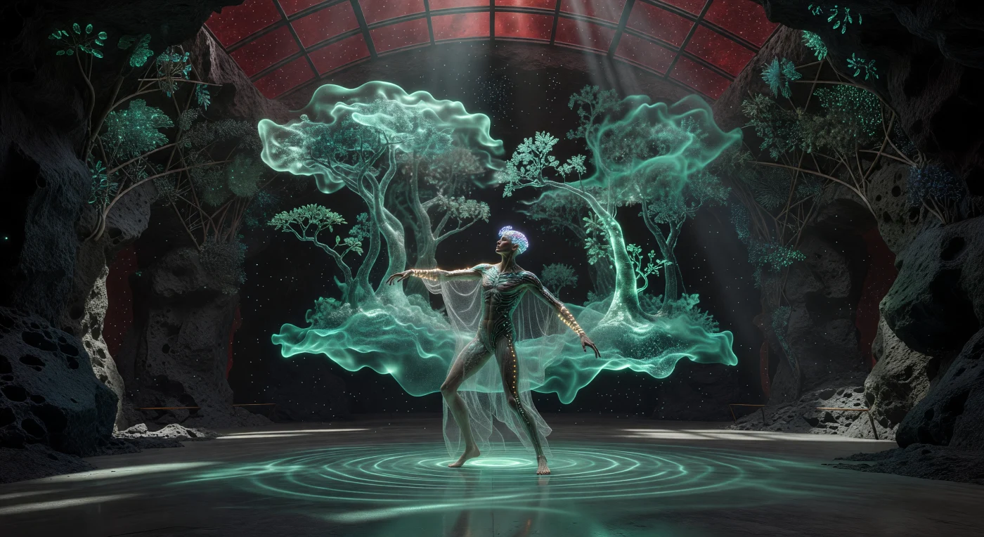 En el interior de un tubo de lava lunar durante la Era de la Convergencia (2100-2200 d.C.), un artista neuro-impresionista proyecta una "escultura de pensamiento" compuesta de luz líquida en un vibrante tono Turquesa de Convergencia. El artista exhibe la fisiología del "atleta etéreo", con extremidades reforzadas por nanotubos de carbono y una dermis con microalgas simbióticas, utilizando una interfaz cerebro-computadora para manifestar memorias de un bosque terrestre prehistórico. Esta escena ilustra la integración total entre la biología post-humana y la tecnología cuántica, enmarcada en una arquitectura de basalto natural y flora bioingenierizada que define el cenit de la cultura transdigital.