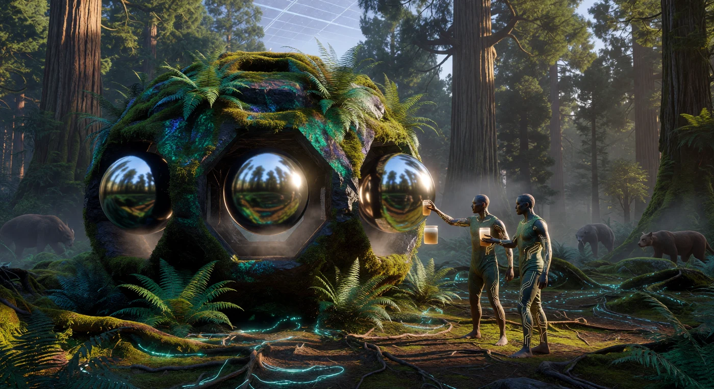 En el apogeo de "La Convergencia" (circa 2164 d.C.), esta escena captura la distribución automatizada de nutrientes mediante esferas diamagnéticas que levitan sobre una Colmena de Piedra de basalto. Los "Guardianes", humanos aumentados con enlaces neurales de Grado 7, aparecen sincronizados con la Red Micelial bioluminiscente del suelo, mientras helechos de "supercarbono" y siluetas de megafauna del Pleistoceno desextinguida prosperan en este ecosistema rediseñado. Este registro de los Territorios Naturales de la Tierra ilustra una era de administración biómica avanzada, donde la tecnología de transferencia energética inalámbrica permitió una coexistencia simbiótica y sin huella ecológica entre la humanidad y la biosfera recuperada.