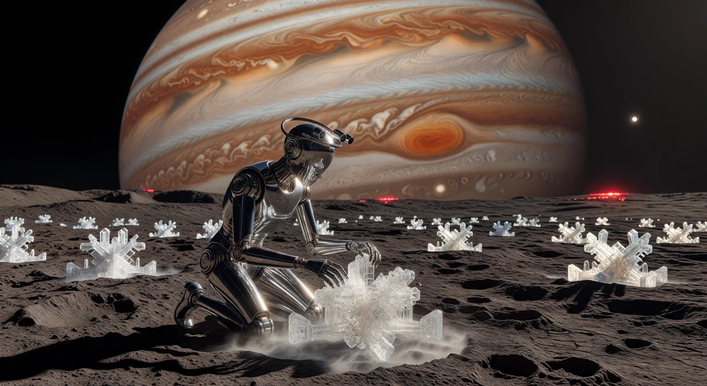 Ambientato durante l'Era dell'Espansione Solare (2500-3000 d.C.), questo scorcio della superficie di Callisto ritrae un "Essere di Substrato" — una coscienza digitale — che interagisce con la materia attraverso un avatar robotico impegnato nella cura di un giardino di cristalli di $CO_2$ ghiacciata. Sotto l'imponente mole di Giove, l'automa modella geometrie frattali che traducono in forma fisica gli algoritmi di consenso della Sinarchia, mentre sullo sfondo le "Ali Termiche" cremisi disperdono nel vuoto il calore dei server-nodi sotterranei. Questa scena testimonia la complessa simbiosi tra estetica algoritmica e ingegneria termodinamica raggiunta dalle civiltà post-biologiche che colonizzarono le lune gioviane.