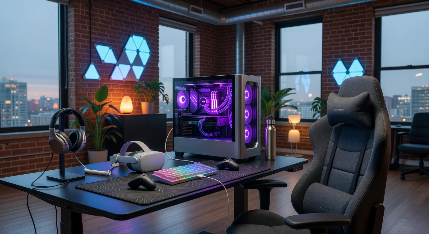 Esta estación de juego de alto rendimiento, situada en un loft industrial de Montreal hacia 2025, ejemplifica la convergencia entre el diseño de vanguardia y la cultura digital de principios del siglo XXI. El espectador observa una computadora personalizada con refrigeración líquida de tonos púrpuras junto a un visor de realidad virtual Meta Quest 3, elementos que definieron la búsqueda de experiencias inmersivas en la vida cotidiana. Este entorno, caracterizado por una estética de "minimalismo desordenado" e iluminación LED geométrica, documenta la transición de los videojuegos de un pasatiempo de nicho a un pilar central de la identidad y el estilo de vida urbano contemporáneo.