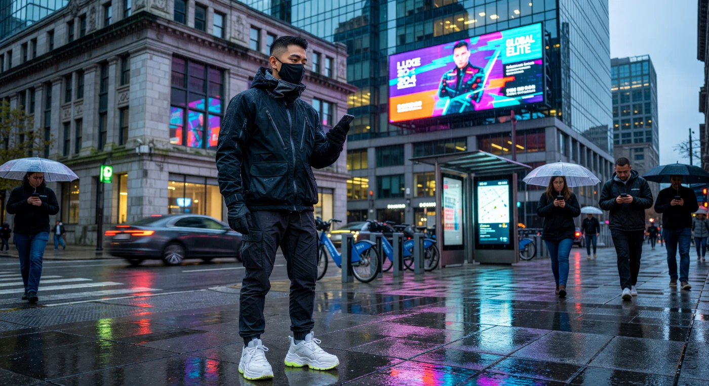 Un individuo in abbigliamento "techwear" d'alta gamma si staglia nel Quartier des Spectacles di Montréal, incarnando l'estetica "urban ninja" che ha definito la moda dei primi anni 2020 attraverso tessuti tecnici in Gore-Tex e silhouette modulari. La scena contrappone le storiche facciate in pietra calcarea alla modernità dei grattacieli in vetro, tutti immersi nel bagliore ciano e magenta di enormi schermi LED che proiettano "glitch art". Questa immagine sintetizza perfettamente l'Era Digitale, un periodo in cui la costante connessione ai dispositivi mobili e l'economia dell'attenzione hanno trasformato lo spazio urbano in un palcoscenico iper-tecnologico e iper-reale.