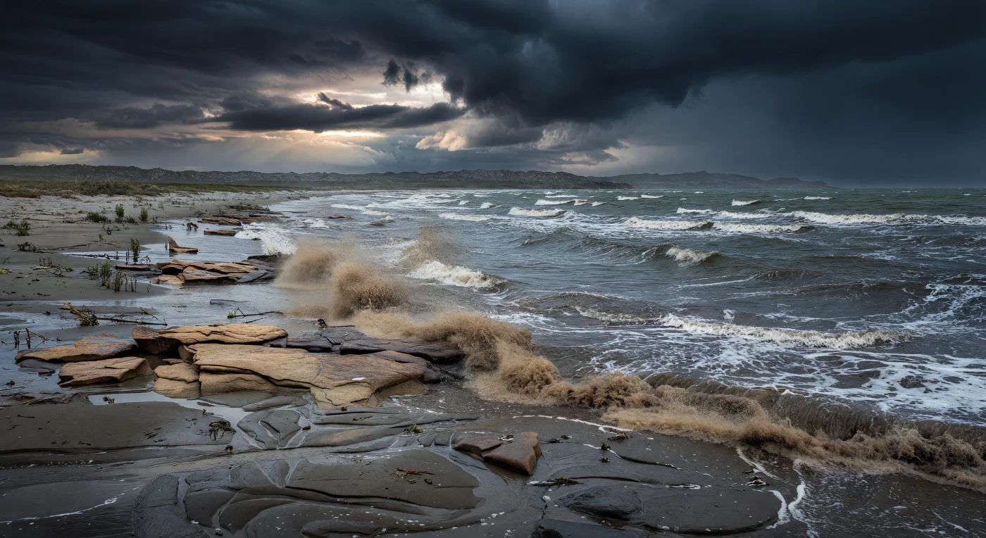 Sur cette côte du Gondwana austral, il y a environ 370 à 360 millions d’années, de lourds grains noirs balaient une vasière tidale froide où les vagues chargées de boue frappent des bancs de grès et de siltite. La scène évoque les plates-formes marines malvinokaffriques du Dévonien tardif, un monde de hautes latitudes dominé par les tempêtes, aux eaux fraîches et aux faunes distinctes de celles des mers tropicales. Sur le rivage presque nu, quelques plantes vasculaires primitives — zostérophylles, premiers lycophytes et progymnospermes bas — s’accrochent loin en arrière, tandis que des eurypterides et des poissons cuirassés placodermes peuvent être rejetés au bord de l’eau par la houle.
