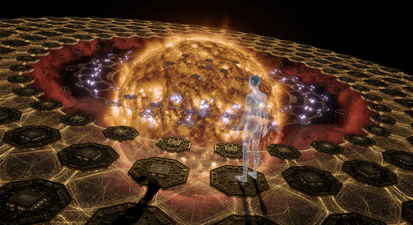 Esta vista panorámica de la Era Galáctica (aprox. 5,000–20,000 d.C.) ilustra la transformación del Sol en una entidad pensante mediante una Red Matrioshka, una megaestructura de grafeno y oro diseñada para capturar la energía estelar total. En primer plano, un "Sucesor de Sílice Translúcido"—una especie post-biológica adaptada a la radiación extrema y al vacío—contempla billones de nodos computacionales interconectados por filamentos láser que procesan la consciencia colectiva de la civilización. Esta proeza de la ingeniería de escala Kardashev Tipo II marca el momento en que la vida trascendió sus límites orgánicos para convertir una estrella entera en un vasto cerebro computacional de complejidad infinita.