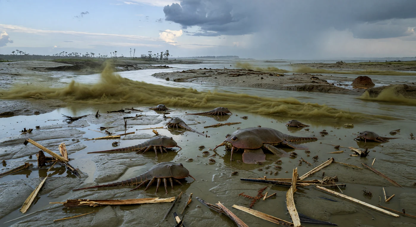 Dans cet estuaire saumâtre du Carbonifère, il y a environ 320 à 305 millions d’années, de petits Euproops d’environ 15 cm et un grand eurypteride Adelophthalmus de 30 à 40 cm progressent sur une vasière ridée à marée basse, parmi des débris de lycophytes, de cordaïtes et de fougères venus des marécages houillers voisins. Autour d’eux, de minuscules crustacés pygocephalomorphes s’activent dans des flaques peu profondes, tandis que des panaches de limon olive-brun chargent l’eau où le fleuve rencontre la mer. Cette scène illustre les milieux deltaïques cyclothématiques du Carbonifère, où les variations du niveau marin, les tempêtes humides et l’apport constant de sédiments façonnaient des habitats riches pour les arthropodes du Paléozoïque tardif.