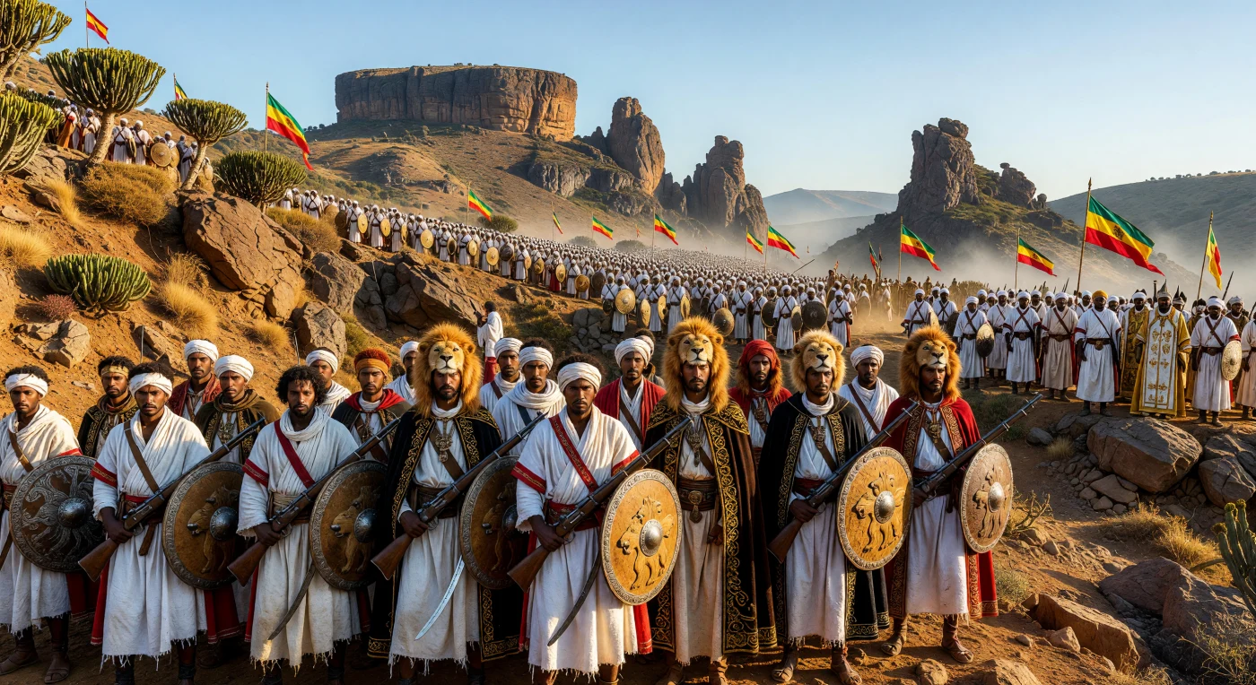 Op de steile basaltkliffen van de Tigray-hoogvlakte verzamelt het Ethiopische leger zich in het ochtendlicht van maart 1896, gehuld in traditionele witte *shamma*-gewaden en uitgerust met Snider-Enfield-geweren. Hooggeplaatste commandanten in goudgeborduurde fluwelen capes en hoofdtoooien van leeuwenmanen leiden de troepen, terwijl keizerlijke vaandels en Koptische priesters de naderende strijd markeren. Deze scène verbeeldt de mobilisatie voor de Slag bij Adwa, een historisch keerpunt waarbij Ethiopië als enige Afrikaanse natie met succes de Europese koloniale expansie wist te stuiten.