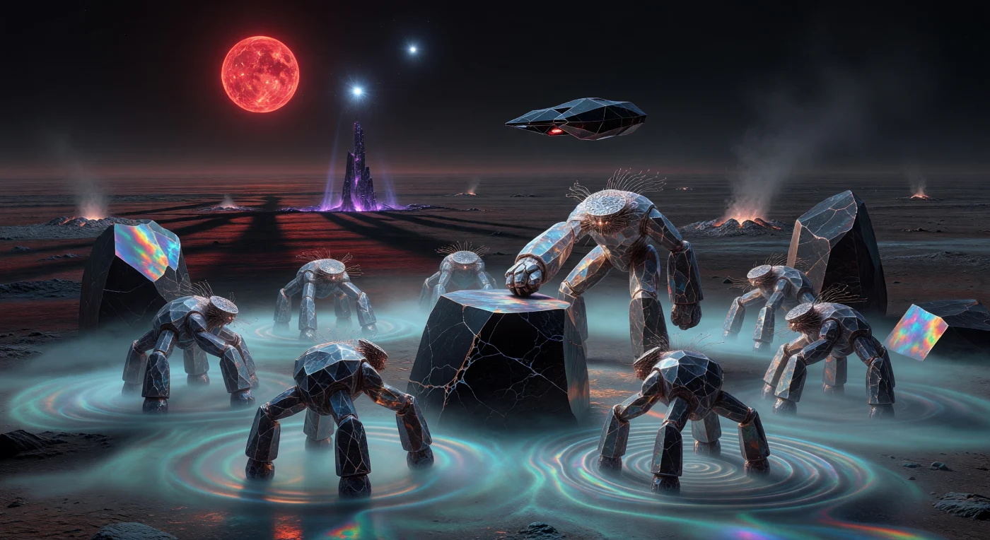 Sur la plaine basaltique de la super-Terre Gliese 832c, des membres du clade des Cristallins de Haute Gravité communiquent par résonance sismique, leurs percussions générant des ondes de choc visibles dans l'épaisse brume de cyan. Datant de l'Âge Galactique (v. 5000-20 000 apr. J.-C.), ces organismes au squelette métallo-organique illustrent l'adaptation extrême de la vie post-biologique à une gravité de 2,5 g sous l'éclat binaire d'une naine rouge et d'une étoile bleue. En arrière-plan, un récepteur de Dyson pulse d'une lueur violette, témoignant d'une civilisation de type Kardashev II exploitant l'énergie stellaire pour soutenir ces formes de vie exotiques dans le silence des temps profonds.