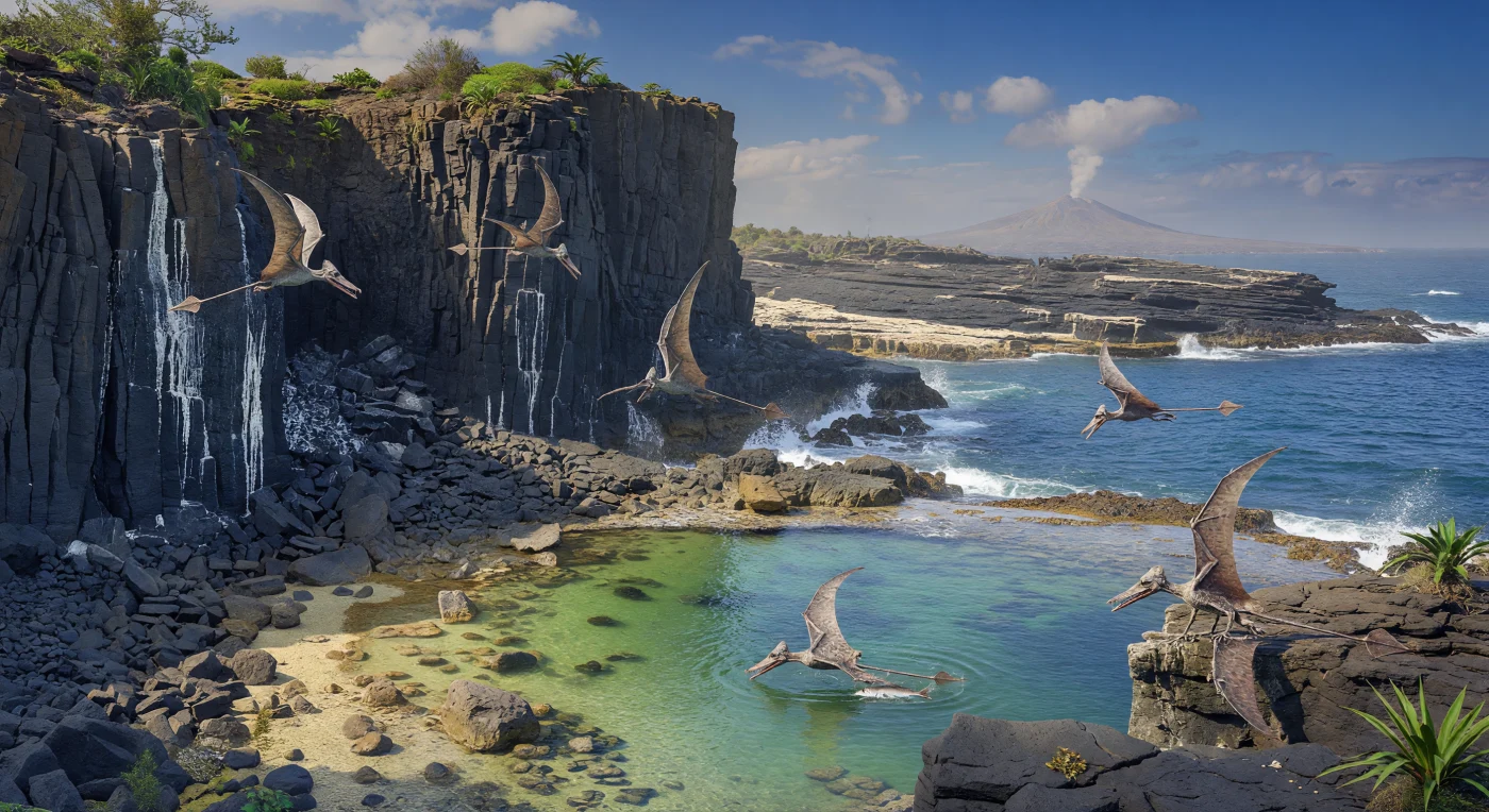 An den steilen Basaltklippen eines vulkanischen Inselbogens über einer warmen Lagune kreisen mehrere Eudimorphodon im böigen Aufwind, streifen mit ihren etwa 1 Meter breiten Flügeln dicht über das Wasser und schnappen nach kleinen Fischen. Diese frühen Flugsaurier lebten in der späten Trias vor rund 215–205 Millionen Jahren am Rand des gewaltigen Panthalassa-Ozeans; ihre langen, versteiften Schwänze mit rautenförmiger Spitze und die vielspitzigen Zähne verraten geschickte Jäger kleiner Beute. Farne, niedrige Cycadeen und guanoweiss gestreifte Felsbänder unter einem fernen aktiven Vulkan zeigen eine Küstenwelt lange vor den Blütenpflanzen – eine Momentaufnahme aus einer dynamischen, urzeitlichen Meereslandschaft.