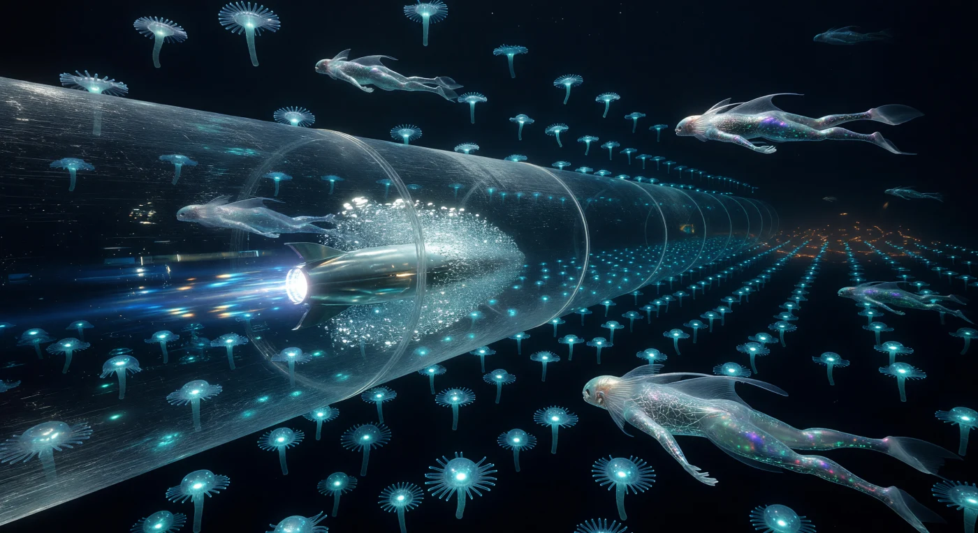 銀河時代（西暦5,000–20,000年）の衛星エウロパの地下深海では、超キャビテーション技術を用いた輸送ポッドが、強化ケイ酸塩のチューブ内を蒸気の泡に包まれながら高速で駆け抜けます。この巨大な回廊の周囲には、航行用グリッドとして機能するバイオ発光生物が配置され、その外側の極限環境下では、半有機的な身体を持つ知性体「ペルシード」が皮膚の色彩変化を通じて高度な情報交換を行っています。かつての氷の月は、潮汐摩擦と核融合エネルギーを糧とするポスト・バイオロジカル文明のゆりかごへと変貌を遂げ、永遠の闇の中に複雑な光のネットワークを構築しています。