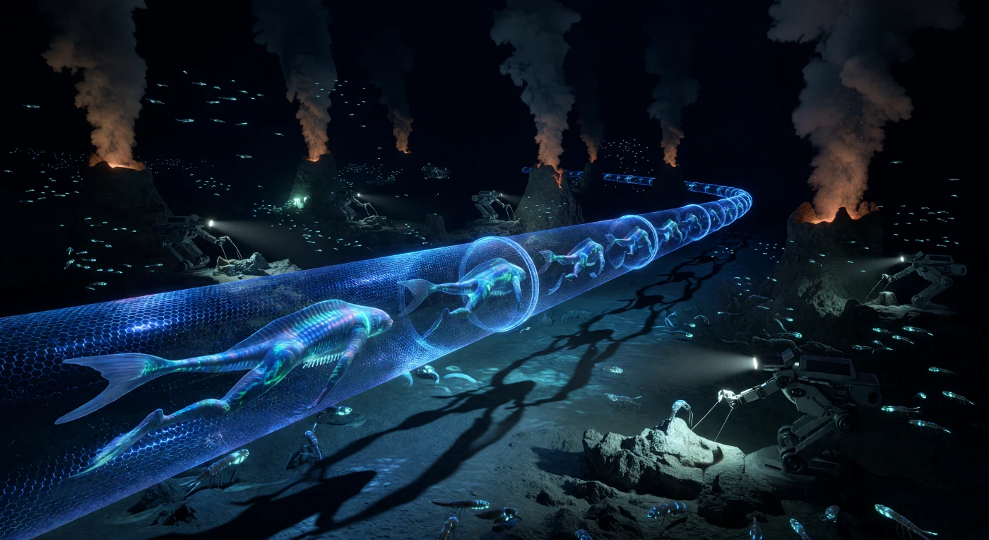 西暦2500年から3000年にかけての「太陽系拡張期」、エウロパの氷殻下15キロメートルに広がる暗黒の深海平原を、コバルトブルーに輝く磁気浮上式「ハイドロ・チューブ」が脈動するように進んでいます。チューブ内では、高圧環境に適応し生物発光で意思疎通を行う新人類「アクアモーフ」の姿が確認でき、その周囲では巨大な熱水噴出孔から噴き出す地熱を頼りに、多脚ロボットが極限環境微生物の採取を行っています。かつての地球の始生代を思わせるこの極限環境は、木星の強力な磁気エネルギーを動力源とする文明によって、静謐かつ生命力に満ちた新たな生態圏へと変貌を遂げました。