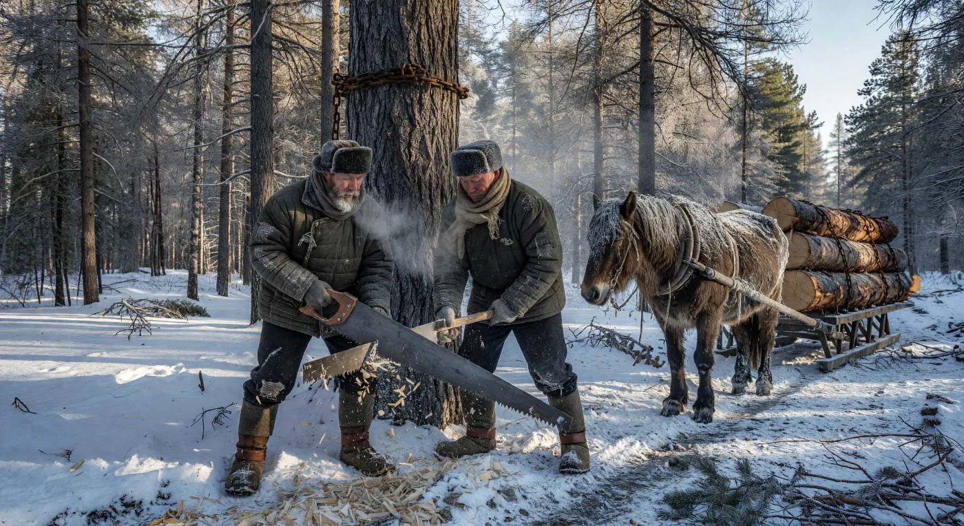 In the frozen expanse of the Krasnoyarsk taiga during the late 1930s, a Slavic laborer and an indigenous Evenk man work in tandem to fell a massive Siberian larch using a traditional two-man crosscut saw. This scene captures the grueling reality of timber harvesting in the Soviet Far East, where manual labor and horse-drawn transport remained essential to the region's rapid industrialization. Clad in quilted *telogreika* jackets and felt *valenki* boots, these workers faced sub-zero temperatures to extract the raw materials necessary for the USSR’s expanding infrastructure and wartime preparations.