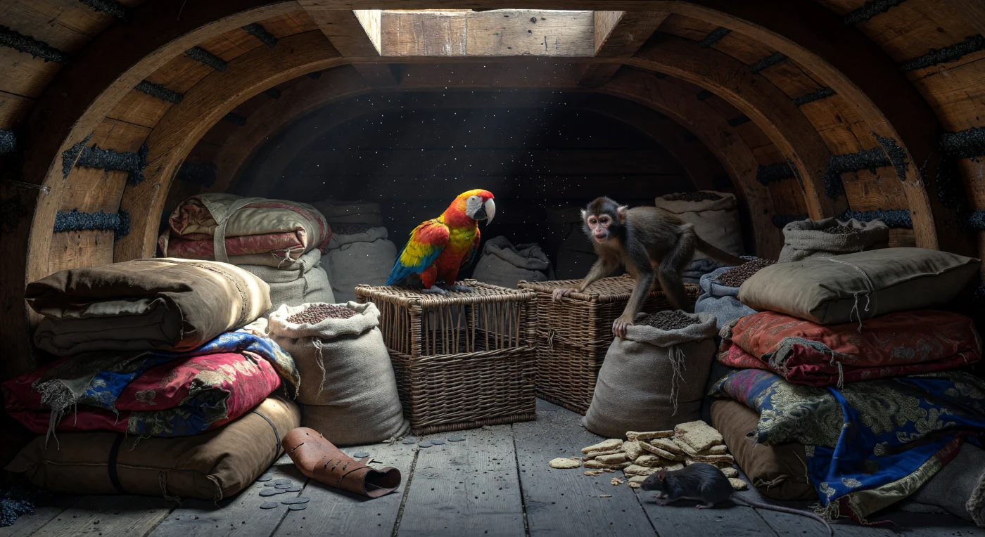 This scene depicts the claustrophobic hold of a 16th-century merchant vessel, where a Scarlet Macaw and a spider monkey are transported alongside precious cargoes of Ming Dynasty silk and black pepper. During the Renaissance, the "Great Convergence" turned the world’s oceans into global highways, facilitating the exchange of exotic species and luxury commodities between the Americas, Asia, and Europe. The presence of silver "Pieces of Eight" and humble sea biscuits amidst these riches highlights the stark contrast between the immense wealth of the era’s maritime trade and the grueling, damp conditions endured by all living things on board.