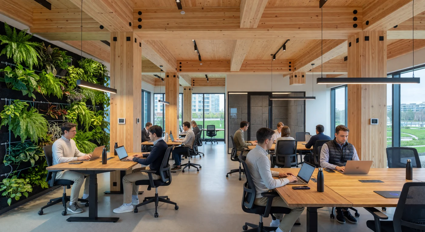This mid-rise office interior exemplifies the early 21st-century shift toward sustainable "Mass Timber" construction, featuring exposed Cross-Laminated Timber (CLT) beams and biophilic living walls. The space reflects the period’s emphasis on environmental wellness and technology, integrating high-efficiency air filtration, circadian LED lighting, and "smart" IoT sensors. Outside, the "Sponge City" urban landscape highlights a global movement toward climate-resilient infrastructure and pedestrian-centric design. Occupants are depicted in the era’s signature "business casual" attire, utilizing the portable digital devices and minimalist, height-adjustable workstations that defined the agile workspace of the 2020s.