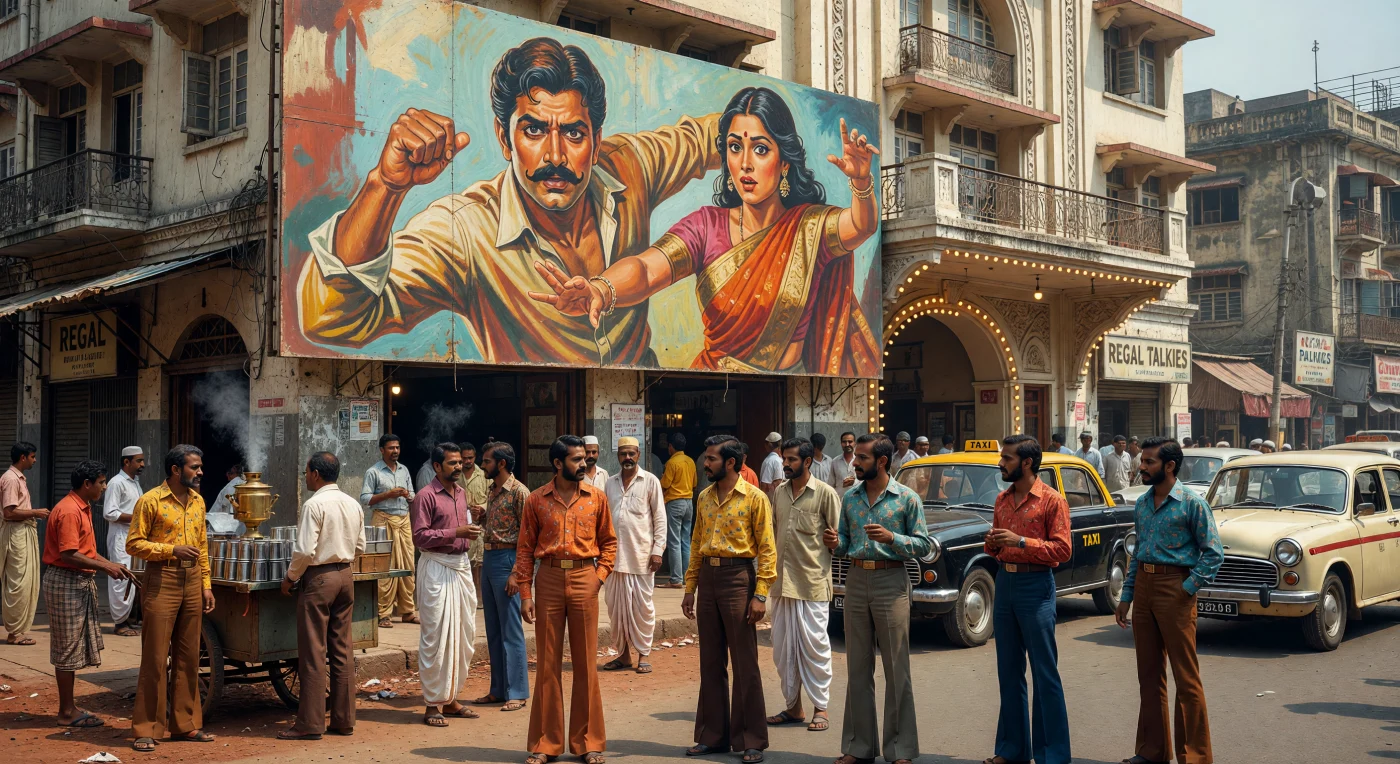 Devant la façade Art déco d'un cinéma de Bombay en 1982, une foule d'hommes vêtus de pantalons à pattes d'éléphant et de cols papillon se rassemble sous une immense affiche de neuf mètres peinte à la main. Cette œuvre monumentale en contreplaqué, réalisée à l'huile avec des couleurs saturées, illustre le style dramatique et vibrant de l'âge d'or de Bollywood, mettant en scène des héros moustachus et des héroïnes en saris de soie. À une époque précédant l'affichage numérique, ces affiches artisanales étaient le cœur battant de la culture cinématographique indienne, dominant un paysage urbain où se côtoient les taxis Premier Padmini et les vendeurs de chaï traditionnels. L'image capture l'effervescence d'une métropole en pleine mutation, où la mode des années 1980 rencontre les traditions artisanales de l'Asie du Sud contemporaine.