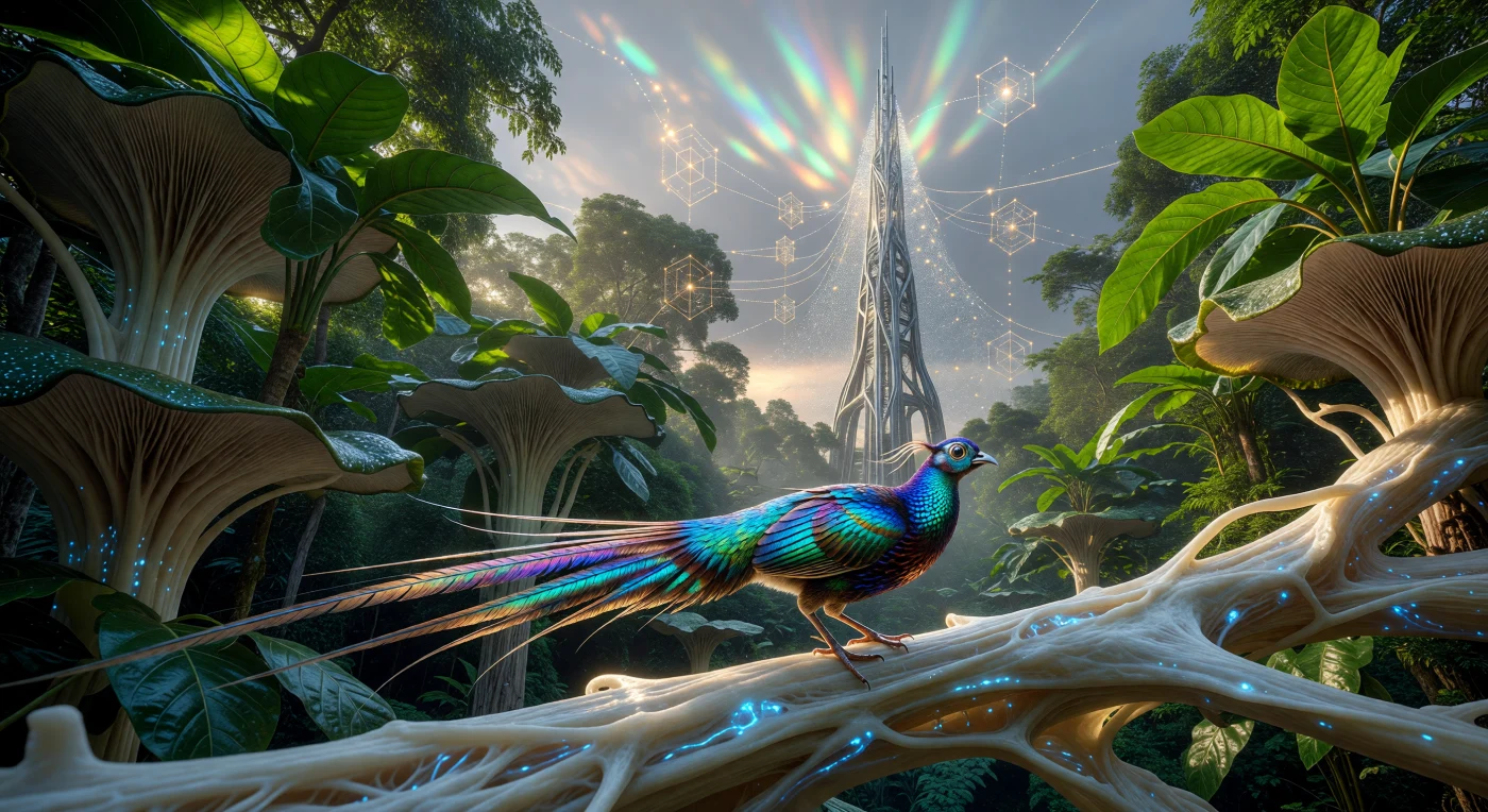 A finales del siglo XXI, durante el periodo conocido como el Amanecer Aumentado (2050-2100), la biosfera de la Alianza Tecno-Pacífica se transformó en una infraestructura viva donde la distinción entre naturaleza y tecnología desapareció. Esta imagen muestra a un "Faisán Centinela", un organismo bio-diseñado con plumaje de nanoestructuras iridiscentes para el monitoreo ambiental, posado sobre una red de micelio estructural que transporta fluidos bioluminiscentes. En el horizonte, colosales torres de dispersión de aerosoles regulan la temperatura regional, completando un ecosistema sintético diseñado para la máxima captura de carbono y la estabilidad climática.