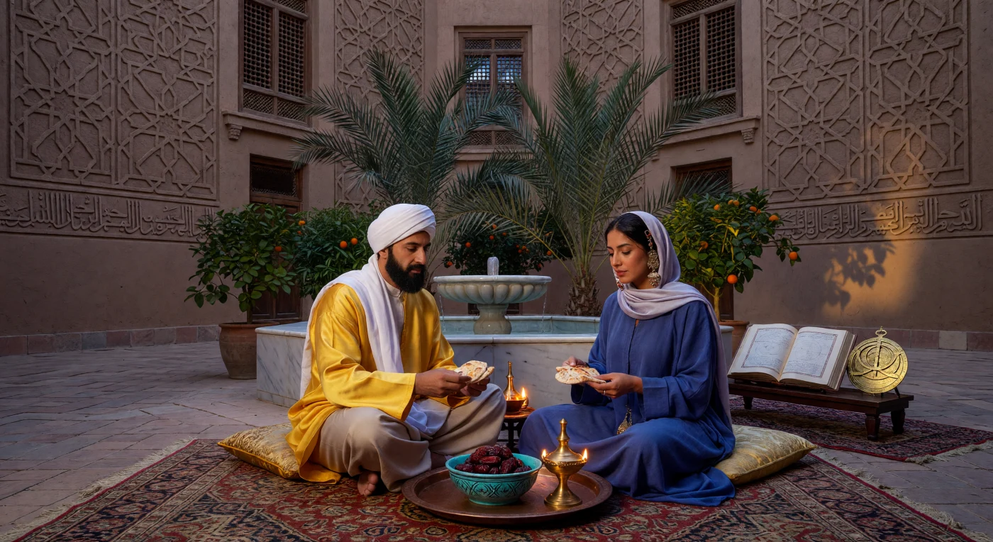 In un cortile privato della Baghdad del IX secolo, una famiglia abbaside si riunisce al crepuscolo attorno a un vassoio di rame per consumare datteri di Bassora e pane *khubz*, circondata da pareti in stucco finemente decorate e dal mormorio di una fontana di marmo. L'ambiente riflette la raffinatezza dell'Età dell'oro islamica, evidenziata dalle elaborate grate *mashrabiya*, dai lussuosi abiti in seta e dalla presenza di un astrolabio, simbolo del progresso scientifico dell'epoca. Questa scena domestica cattura la tranquillità di una classe d'élite cosmopolita in un periodo in cui Baghdad rappresentava il cuore pulsante della cultura e del commercio mondiale.