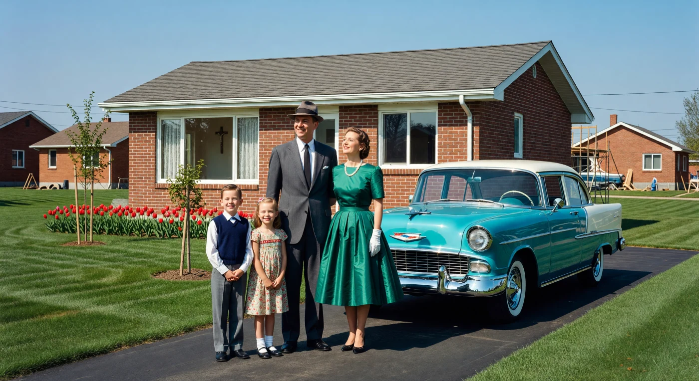 Una famiglia franco-canadese posa con orgoglio davanti al proprio bungalow in mattoni rossi nel 1955, accanto a una fiammante Chevrolet Bel Air bicolore che brilla sotto il sole primaverile. Questa scena incarna l'ideale della classe media del dopoguerra in Québec, un periodo di rapida espansione suburbana e di crescente prosperità economica definita dal consumo di massa. I dettagli, dall'eleganza formale degli abiti al crocifisso visibile attraverso la grande finestra, illustrano perfettamente la tensione tra la modernità nordamericana e le radici cattoliche tradizionali della società quebecchese prima della Rivoluzione Tranquilla.