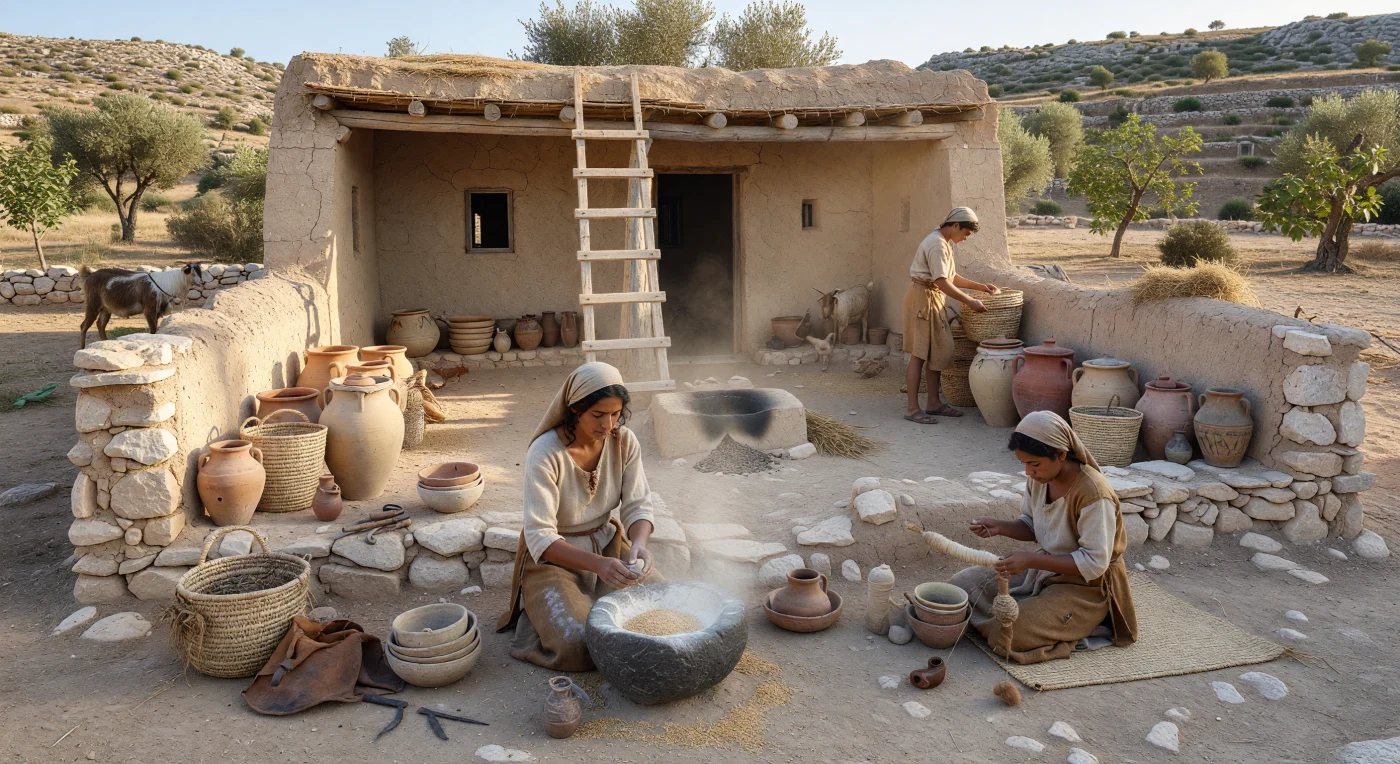 Nel cortile di una tipica casa a quattro ambienti degli altipiani di Giuda, tra IX e VIII secolo a.C., una famiglia svolge le attività essenziali della vita quotidiana: una donna macina l’orzo su una macina a sella, un’altra persona fila la lana con il fuso, mentre grandi pithoi e ceste custodiscono le scorte contro pareti di mattoni crudi su fondazioni di pietra. Il tetto piatto di fango pressato, raggiunto da una semplice scala di legno, e il cortile in terra battuta illustrano bene l’architettura domestica del regno di Giuda nell’età del Ferro. In questo ambiente sobrio e laborioso, tra colline terrazzate con ulivi e fichi, si riflette un’economia familiare agraria fondata su conservazione, tessitura e trasformazione dei cereali.