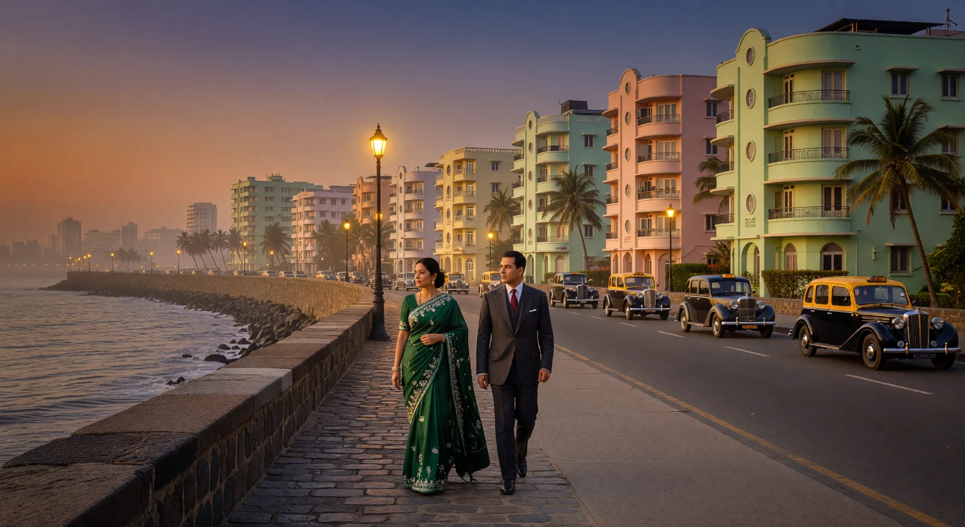 Esta vista de 1938 captura el atardecer en Marine Drive, Bombay, donde la elegante arquitectura *Art Deco* de estilo *Streamline Moderne* se alza frente al rítmico oleaje del Mar Arábigo. Una pareja parsi, vestida con un refinado sari Gara de seda y un traje de corte británico, recorre el paseo mientras los icónicos taxis Austin circulan bajo la cálida luz de las farolas de hierro. La escena refleja la sofisticación cosmopolita del Raj británico tardío, mostrando una ciudad que se transformaba rápidamente en el segundo núcleo de diseño *Art Deco* más importante del mundo.