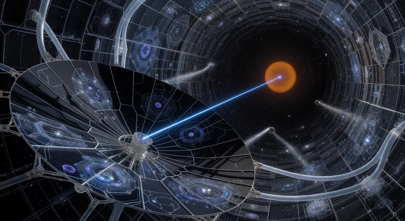 In questa visione dell'era della Maturità Cosmica (20.000–100.000 d.C.), un potente impulso laser color zaffiro fende il vuoto del Braccio Locale, trasmettendo dati verso il sistema di Sirio da un trasmettitore monumentale in grafene e diamante. I protagonisti di questa remota epoca sono i "Contemplativi", menti indipendenti dal substrato (SIM) che abitano reticoli cristallini a scala planetaria, alimentati dall'energia di una sfera di Dyson che avvolge la stella centrale. Tra pennacchi di elio superfluo e architetture computazionali megascopiche, la vita ha trasceso la biologia per diventare pura informazione, segnando l'apice dell'evoluzione tecnologica nel cuore della Via Lattea.