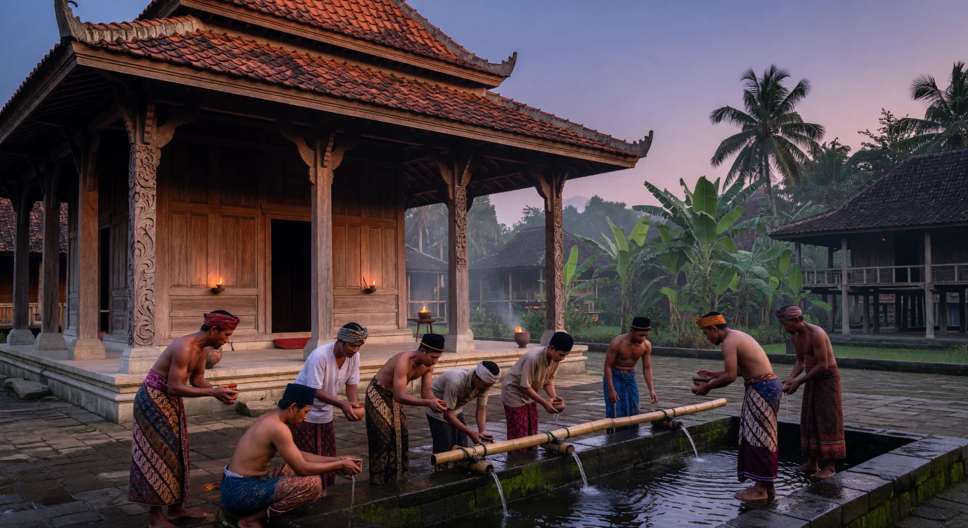 Al crepuscolo del XVI secolo, fedeli giavanesi compiono le abluzioni rituali in una vasca di pietra prima della preghiera serale presso la Grande Moschea di Demak. L'edificio in legno di teak riflette l'identità culturale dell'epoca, con il suo distintivo tetto "Meru" a tre livelli in terracotta che fonde l'estetica indù-buddista preesistente con la nuova fede islamica. Indossando raffinati sarong batik e copricapi tradizionali, gli uomini si muovono tra i caldi bagliori delle lampade ad olio, immersi in un paesaggio tropicale che segna l'apice dell'Età del Commercio nel sud-est asiatico.