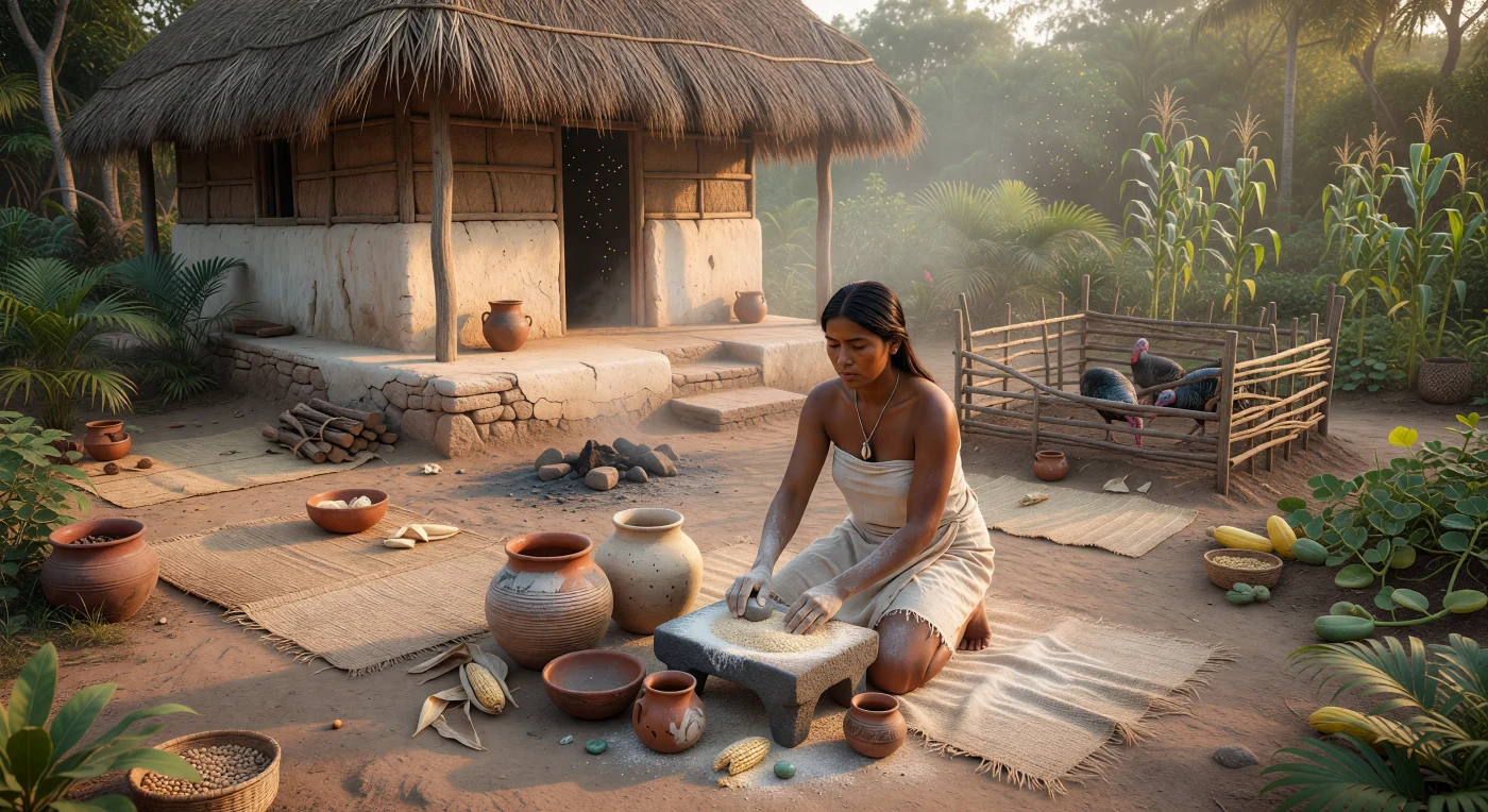 À l’aube, une femme d’un foyer mésoaméricain de la fin du Préclassique s’agenouille dans une cour de terre battue pour broyer du maïs nixtamalisé sur un metate de basalte, tandis que jarres en céramique, calebasse, foyer fumant et dindons domestiques animent l’espace autour d’une maison en torchis et chaume dressée sur une basse plateforme enduite de chaux. Cette scène ordinaire, vers 200 av. J.-C. à 1 apr. J.-C., évoque le cœur de la vie quotidienne en Mésoamérique, où le maïs était bien plus qu’un aliment: il formait la base de l’économie, de l’identité et des échanges entre régions comme le sud maya, le Zoque et Oaxaca. Les détails modestes — poteries façonnées à la main, plâtre usé, parure discrète de coquillage ou de pierre verte — rappellent un monde déjà relié par des réseaux commerciaux, mais profondément enraciné dans le travail domestique et agricole.