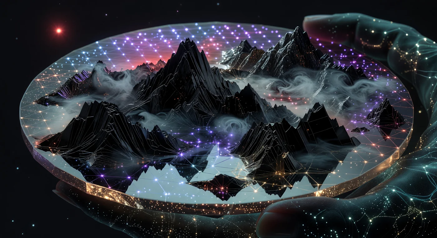 Esta visualización mediante enlace neuronal presenta una "femto-escultura" del periodo de la Madurez Cósmica (20,000 – 100,000 d.C.), donde una vasta cordillera de obsidiana ha sido tallada átomo por átomo dentro de un único grano de silicio. La obra, sostenida por los dedos de textura vítrea de un "Eterno" post-humano, es iluminada por el resplandor cian de los electrones de valencia de la propia red atómica, desafiando nuestra percepción de la escala y la entropía. Esta pieza arqueológica del futuro ilustra la transición de la humanidad hacia una civilización capaz de manipular la geometría de la materia fundamental como un lienzo para la expresión artística profunda.