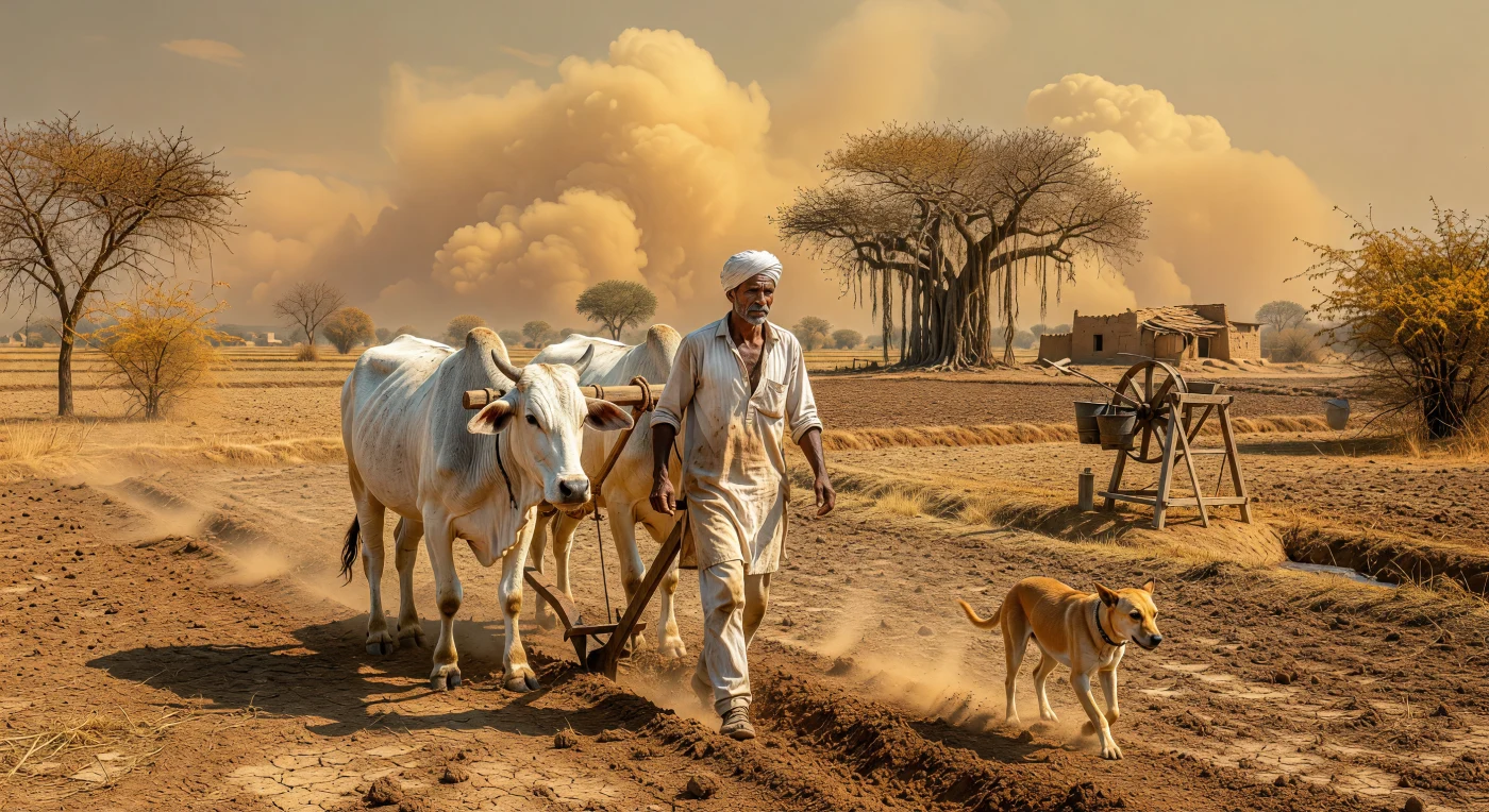 Un fermier punjabi, vêtu d'un kurta en coton khadi et d'un turban traditionnel, guide une charrue en bois à pointe de fer tirée par une paire de bœufs Zébus dans les plaines arides du Pendjab en 1938. Sous un ciel de pré-mousson lourd de poussière dorée, cette scène illustre la persistance des techniques agricoles ancestrales qui soutenaient l'immense majorité de la population rurale sous le Raj britannique. L'absence de machinerie et l'utilisation de la force animale soulignent la rudesse du travail manuel et le lien profond entre le cycle des saisons et la survie économique de l'Asie du Sud avant l'ère de la mécanisation.