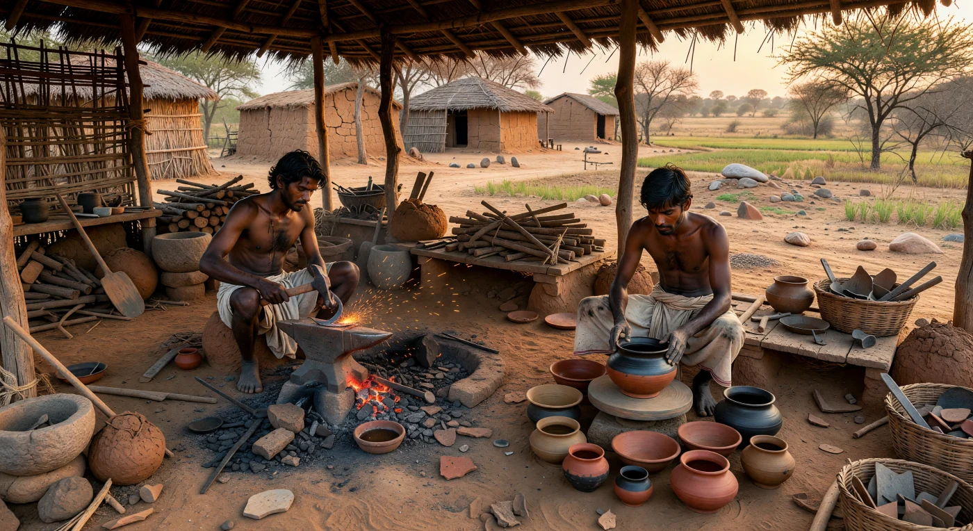 Num estaleiro artesanal do Decão, dois ofícios essenciais da Idade do Ferro decorrem lado a lado: um ferreiro martela uma foice de ferro recém-forjada junto a um pequeno forno de argila, enquanto um oleiro modela recipientes de cerâmica negra e vermelha, típicos das comunidades megalíticas do sul da Índia. A cena, situada entre cerca de 700 e 500 a.C., revela como o trabalho do ferro e da cerâmica sustentava a agricultura e a vida quotidiana nas aldeias da península indiana. Entre carvão, escória, lenha empilhada e vasos a secar sobre a terra avermelhada, vê-se um mundo rural de grande habilidade técnica, anterior às cidades monumentais e aos impérios posteriores.