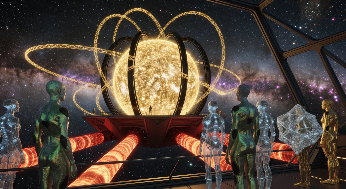 Situada en el Espolón de Sagitario entre los años 100,000 y 1,000,000 d.C., esta escena ilustra el dominio tecnológico de una civilización de escala Kardashev 2.4 que manipula el plasma de una estrella subgigante mediante inmensos anillos magnéticos. Sobre una plataforma de diamante, diversos grupos de los Despertados —incluyendo a los Seeder-Kin de piel fotosintética, mentes digitales en chasis de cristal y enjambres de nanitos— observan cómo las llamaradas solares se entrelazan en complejas geometrías siguiendo el Algoritmo de Bach. El uso de colosales aletas radiadoras para disipar el calor residual subraya los desafíos termodinámicos de esta era de "Gran Paciencia", donde la ingeniería estelar transforma la energía de fusión en una forma de poesía lumínica que perdura por milenios.