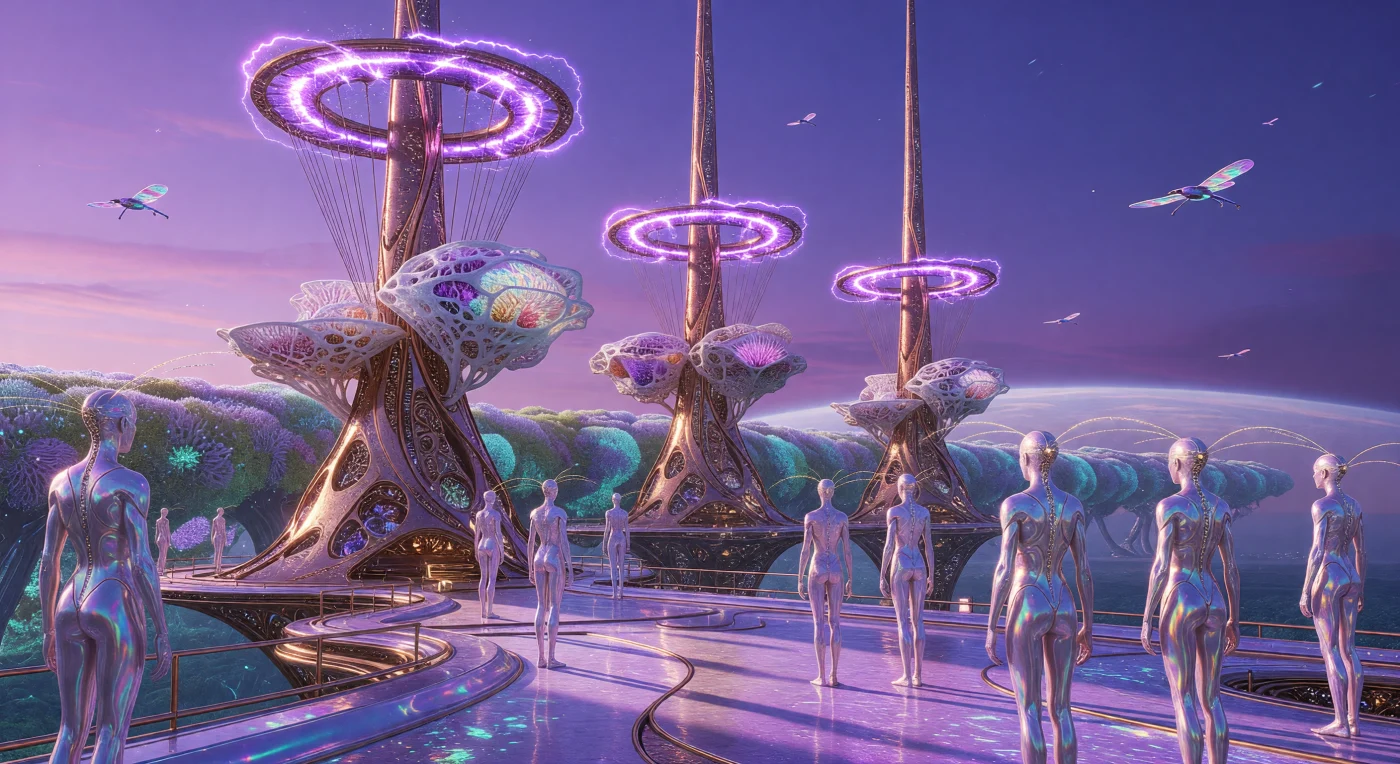 Cette scène capture l'apogée de l'ère de la Convergence (2100-2200), une période charnière où la distinction entre biologie et technologie s'est effacée au profit d'une symbiose totale. Au premier plan, des post-humains aux proportions graciles et aux réseaux neuronaux visibles observent les Cimes Synaptiques, d'immenses structures de biolithe s'élevant à 1,5 kilomètre dans une stratosphère teintée de violet par des aérosols climatiques. Ces aiguilles de cuivre et d'or, couronnées d'anneaux de transfert de données, cohabitent avec des Myco-Hives résidentiels et la « Dorsale de Ré-ensauvagement », illustrant une architecture cultivée plutôt que bâtie qui définit cette phase ultime de l'évolution anthropocène.