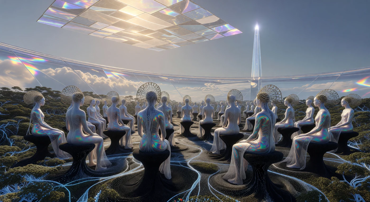 Floating three kilometers above a rewilded Earth in 450,000 C.E., a colossal Synapse Plaza serves as a physical gathering point for the era's post-biological entities during a "Collective Processing" event. These 2.5-meter-tall beings, featuring iridescent composite skin and intricate neural-link sensory crests, sit upon stools manifested from programmable smart-dust within a five-kilometer amphitheater of transparent Aether-Glass. This scene from the "Great Stasis" illustrates a peak in planetary engineering, where stabilized graviton platforms and atmospheric lenses maintain a perfect equilibrium between advanced civilization and the restored terrestrial biosphere.