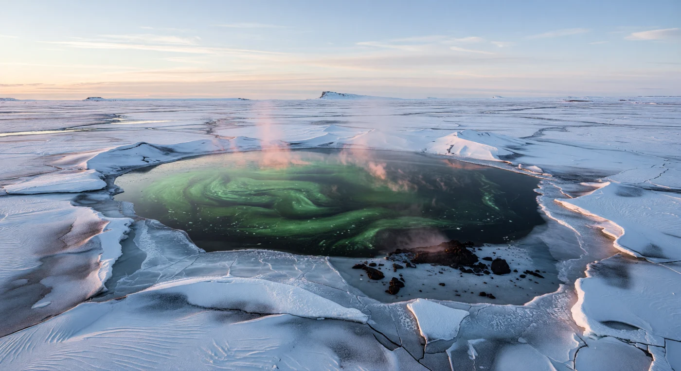 En esta escena del Criogénico, hace aproximadamente entre 720 y 635 millones de años, una rara polinia volcánica abre un óvalo de agua oscura en medio de la banquisa global de la Tierra “bola de nieve”. El agua, teñida de verde por una densa floración de cianobacterias y algas eucariotas tempranas, contrasta con el hielo azul grisáceo, el hielo frazil en los bordes y la nieve salpicada de ceniza sobre basaltos e hialoclastitas calentados por actividad volcánica subglacial o submarina. Durante las glaciaciones esturtiana o marinoana, oasis efímeros como este pudieron servir de refugio para la fotosíntesis superficial en un planeta casi por completo congelado, silencioso y hostil.