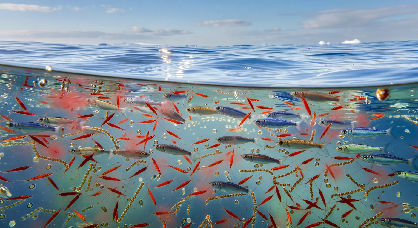 Sous la surface froide de l’Atlantique Nord pléistocène, il y a entre environ 2,6 millions et 11 700 ans, une floraison printanière transforme l’eau en nuage bleu-vert vivant, saturé de copépodes rougeâtres Calanus finmarchicus et de diatomées dorées en chaînes comme Chaetoceros et Thalassiosira. Parmi cette profusion microscopique, de jeunes harengs de l’Atlantique, Clupea harengus, scintillent d’argent en se nourrissant juste sous les vaguelettes éclairées. Cette explosion saisonnière de plancton, favorisée par les eaux froides enrichies en nutriments durant les phases interstadiaires ou de déglaciation, soutenait l’un des réseaux alimentaires les plus productifs des mers glaciaires.