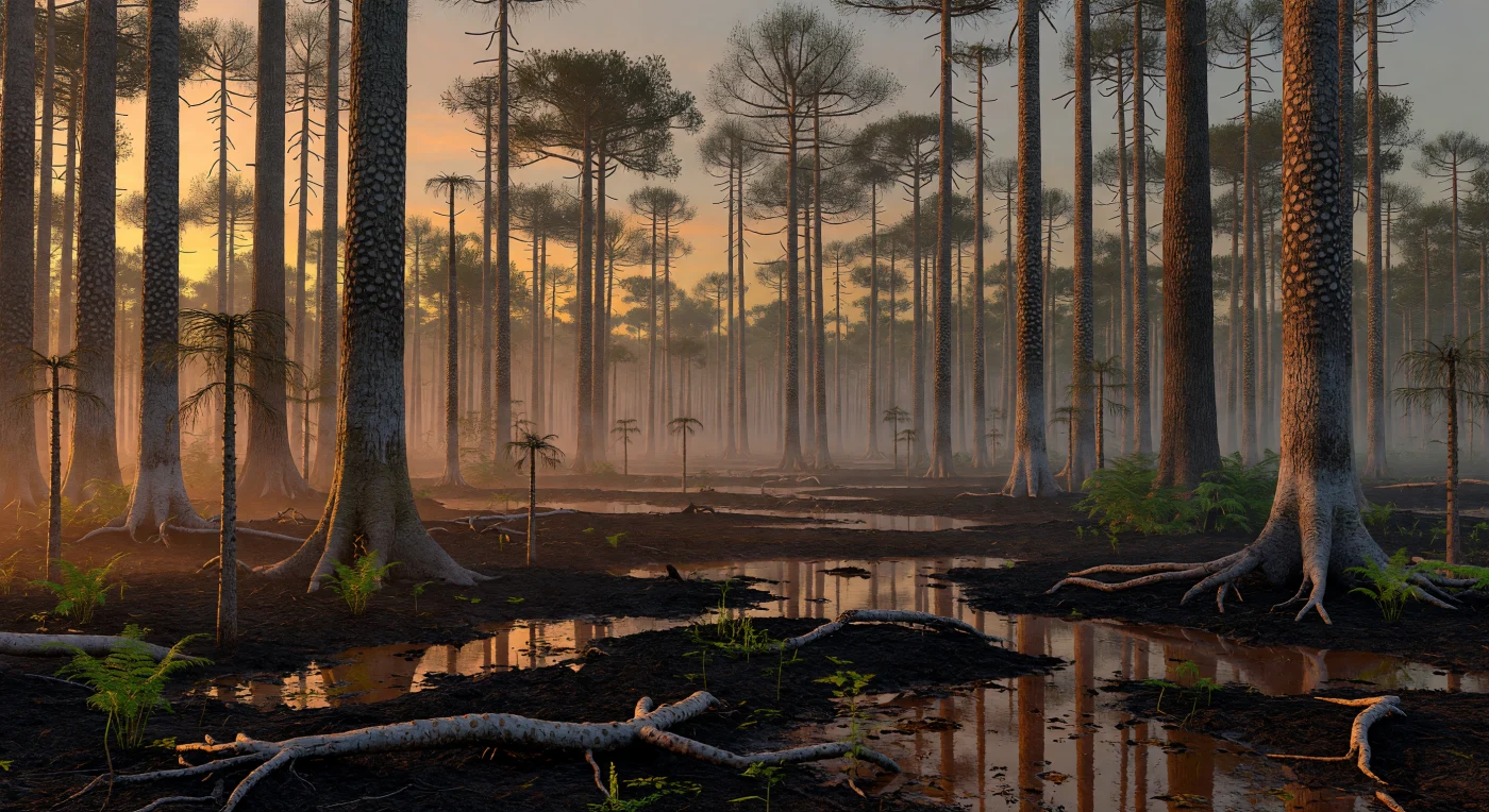 Ao amanhecer, um pântano turfoso equatorial do Carbonífero, há cerca de 320–300 milhões de anos, estende-se como uma planície encharcada de águas castanhas e turfa negra, onde raízes de Stigmaria se espalham sob a névoa dourada carregada de esporos. Elevando-se acima do observador, os gigantescos licófitos Lepidodendron e Sigillaria erguem troncos retos marcados por cicatrizes foliares em losangos e fileiras verticais, enquanto fetos, pteridófitas com semente e pequenos esfenófitos ocupam o sub-bosque ralo. Estes pântanos de baixa altitude da Euramérica acumularam imensa biomassa vegetal que, soterrada ao longo do tempo, viria a transformar-se em muitos dos grandes depósitos de carvão do mundo, num ecossistema húmido também habitado por anfíbios primitivos e artrópodes de grande porte.