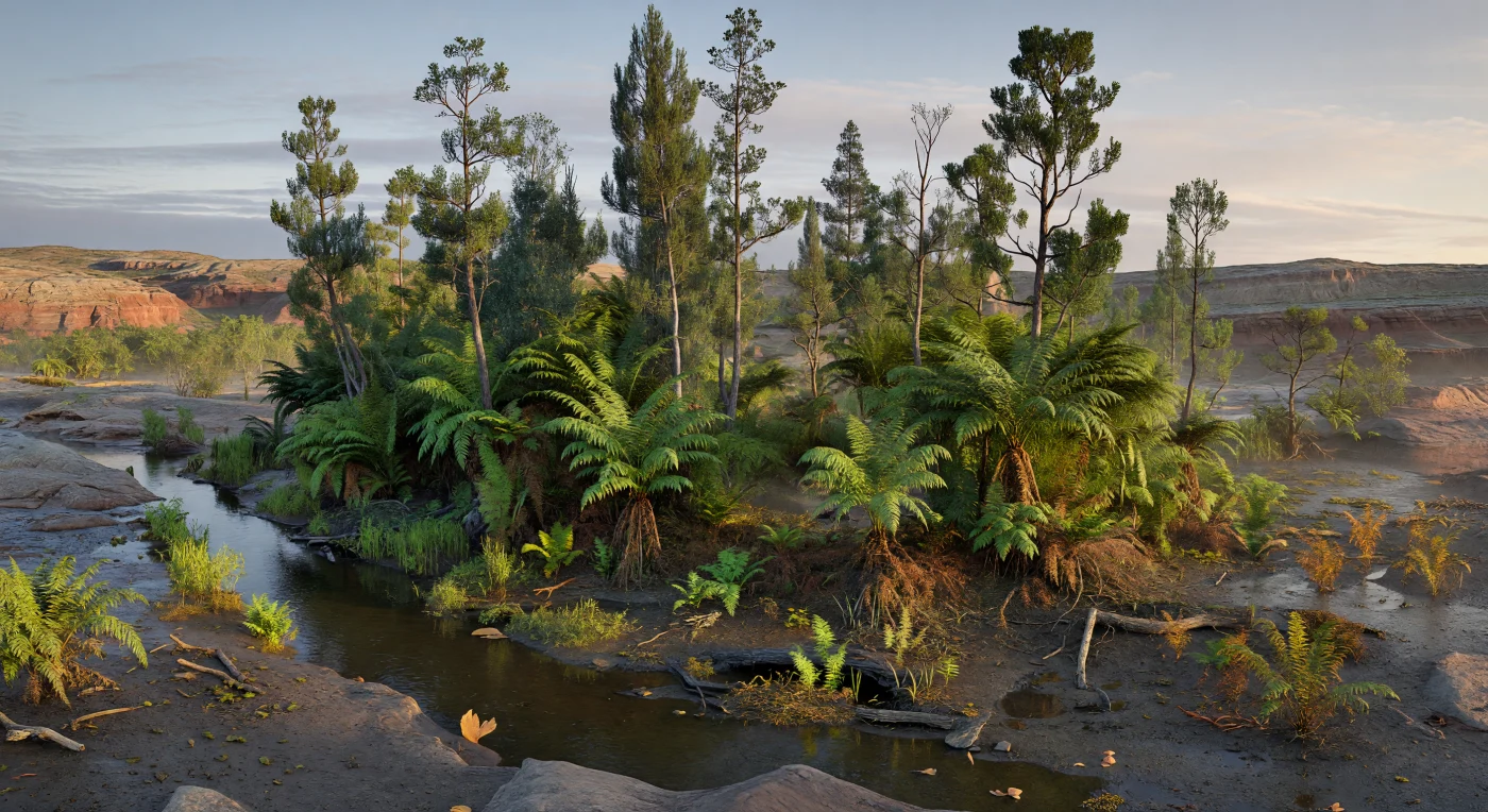 Nesta reconstrução do Triássico Superior, há cerca de 230–210 milhões de anos, a atual Antártida transcontinental surge como uma floresta húmida e sem gelo, banhada por luz dourada baixa e atravessada por canais de água doce escura. O dossel é dominado por fetos com semente do género Dicroidium, acompanhados por coníferas primitivas voltzianas e um sub-bosque rico em fetos verdadeiros e esfenófitas junto às margens encharcadas. Esta paisagem de Gondwana, preservada em bacias de arenitos, siltitos e argilitos avermelhados, revela um mundo polar surpreendentemente ameno, onde a sazonalidade da luz coexistia com solos saturados e vegetação exuberante em pleno extremo sul do supercontinente Pangeia.