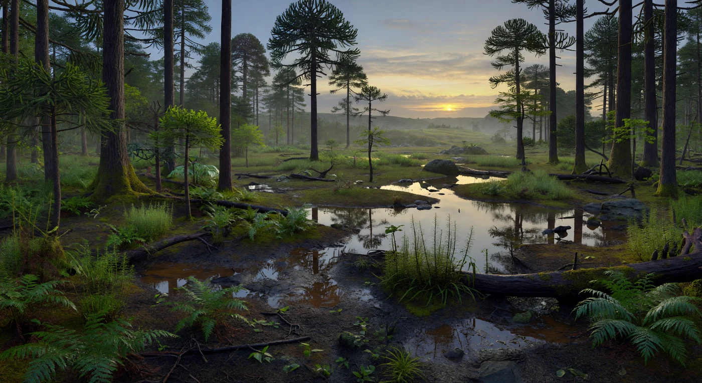Nesta floresta polar da Antártida gondwânica do Jurássico Superior, há cerca de 155–145 milhões de anos, o observador veria altos coníferos semelhantes a Araucaria e podocarpos erguendo-se acima de Ginkgoites, fetos, cavalinhas e espessos tapetes de musgos sobre um solo escuro e turfoso, encharcado por águas negras sem gelo. A luz baixa e dourada do sol atravessa a névoa fria de altas latitudes, revelando um mundo-estufa surpreendentemente verde, onde os longos ritmos sazonais de luz moldavam ecossistemas sem flores nem relvas. Sedimentos de planícies de rifte, turfas e canais lentos preservaram o registo destas paisagens antigas, testemunhando uma Antártida jurássica húmida e florestada, muito diferente do continente gelado de hoje.