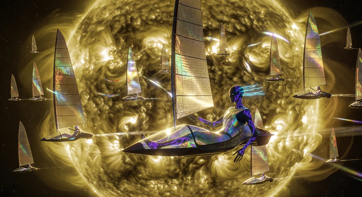 Au cœur de la couronne turbulente d'une étoile de type G, une flotte de voiliers stellaires déploie des membranes de miroirs diélectriques pour capter la fureur de la pression de radiation. Cette archive de l'Aube Interstellaire (3000-5000 apr. J.-C.) illustre la « Grande Dispersion », une époque où la lignée humaine a divergé vers des formes adaptées au vide, comme le pilote « Lithe-Long » ici représenté avec ses membres allongés et ses filaments neuronaux. Entre les boucles de plasma et les voiles en Myco-Soie, ce cliché témoigne d'une ère où la technologie et la biologie ont fusionné pour transformer les forces stellaires en un terrain de jeu artistique et sportif.