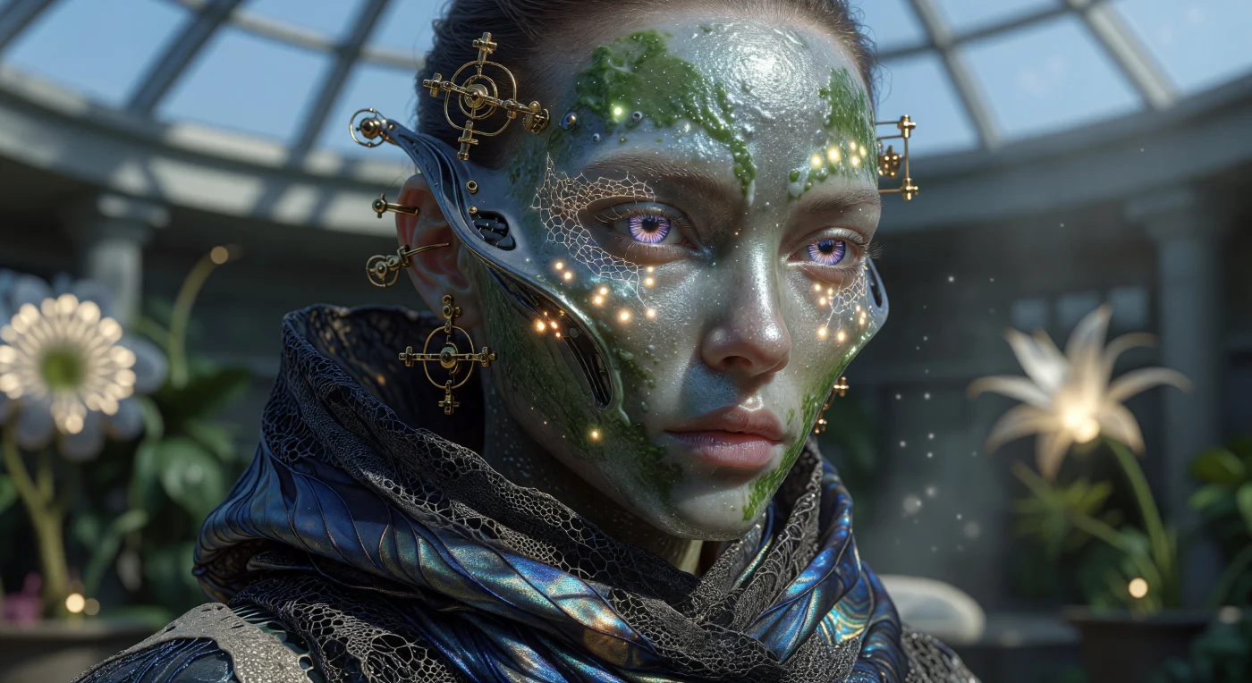 This macro portrait captures a "Fluid Morph" being from the Convergence (2100–2200), an era defined by the total integration of biological life and digital intelligence. The subject exhibits "Asymmetric Harmony," featuring silvered skin coated in photosynthetic micro-algae and Ocular Chromatics with shifting violet pupils. Hovering gold Kinetic Piercings and a high collar of lab-grown Mycelial Silk demonstrate the responsive symbiosis between 22nd-century humans and their environment, where fashion and physiology are inextricably linked.