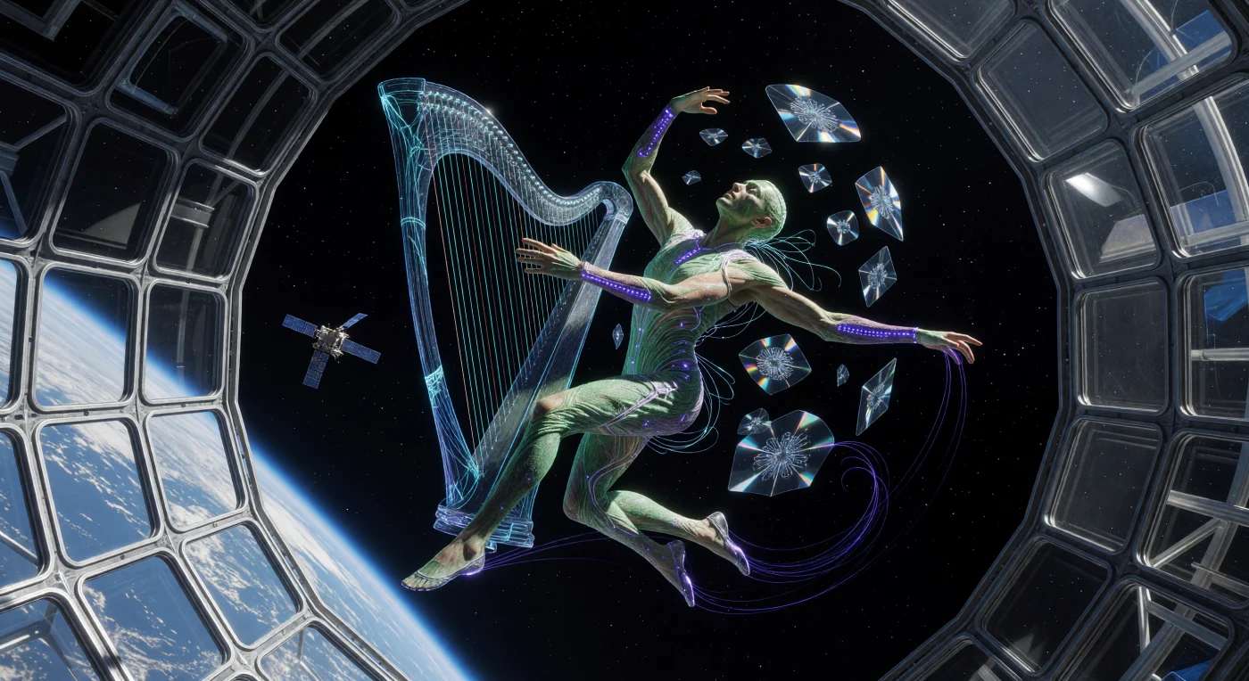 Deze reconstructie toont een 'Ethereal Athlete' tijdens een Myo-Harp-uitvoering in een gewichtloze omgeving, daterend uit de Era van de Convergentie (2100–2200). In dit tijdperk van totale biologische integratie bespeelt de muzikant bioluminescente vezels via directe spiercontracties, gehuld in een 'Atmosferische Sluier' van zwevende glasscherven die door micro-gravitatie op hun plek worden gehouden. De ijle sporen van geïoniseerd gas markeren de choreografie van een post-humaan lichaam dat is versterkt met koolstof-nanobuisjes, wat de definitieve vervaging tussen de menselijke fysiologie en de kosmos illustreert.