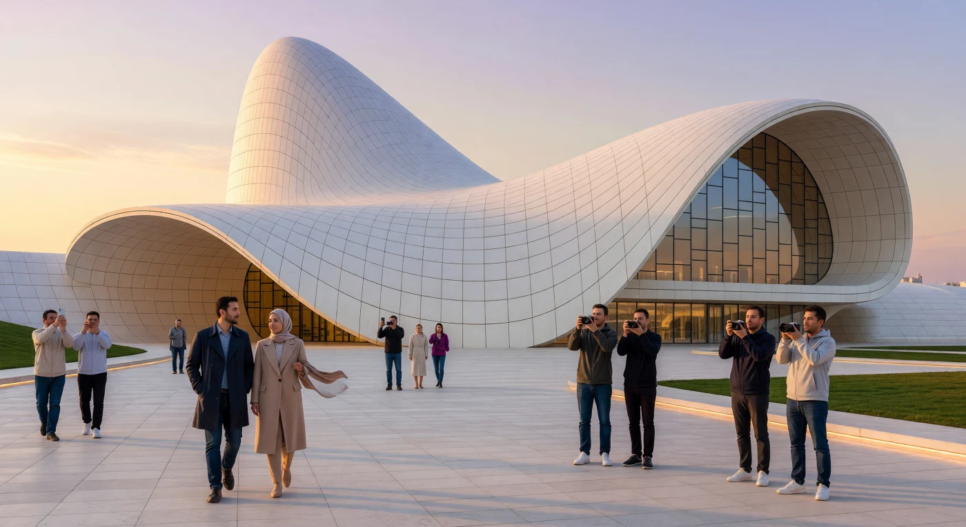 Designed by Pritzker Prize-winning architect Zaha Hadid and completed in 2012, the Heydar Aliyev Center in Baku, Azerbaijan, stands as a masterpiece of the Digital Age, defined by its fluid, "parametric" geometry. The structure’s undulating skin, composed of thousands of glass-fiber reinforced panels, seamlessly merges the surrounding plaza with the building’s roof, rejecting traditional Euclidean angles in favor of organic, sculptural forms. This landmark exemplifies the early 21st-century trend of using iconic "starchitect" designs to redefine urban landscapes through advanced computer-aided engineering and innovative materials.