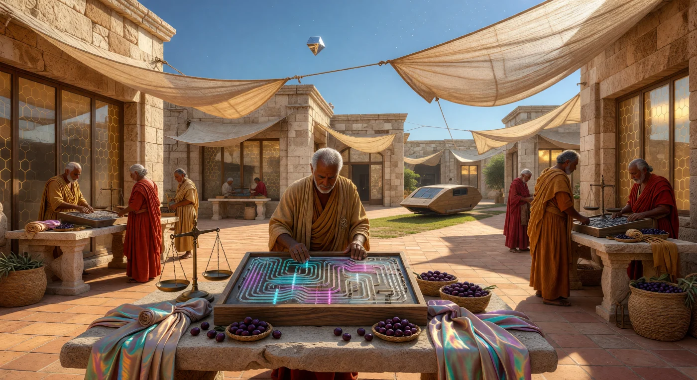 This scene depicts a bustling trade bazaar within a Mediterranean Bio-Pure Enclave during the Cosmic Maturity (c. 24,500–98,000 CE), where unaugmented baseline humans live in a state of technological stasis. Merchants utilize intricate fluidic logic calculators—devices powered by pressure-driven liquids rather than electronics—to trade hand-harvested olives and silk textiles under awnings of woven hemp. The architecture exemplifies the era's "Passive Draw" energy model, featuring photosynthetic glass and self-healing masonry that maintains a Holocene-standard environment through invisible, high-level Federation engineering.