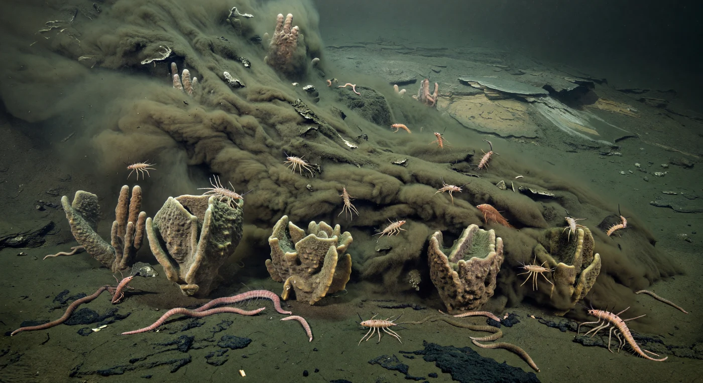 Há cerca de 508 milhões de anos, numa plataforma externa profunda a talude continental superior do Câmbrico médio, uma corrente de turbidez castanho-acinzentada desce pela encosta submarina e sepulta subitamente uma comunidade do fundo lodoso. Entre nuvens densas de silte e argila, veem-se esponjas ramificadas de Vauxia, vermes poliquetas Burgessochaeta, artrópodes bivalvados Canadaspis perfecta e pequenos lobopódios espinhosos Hallucigenia sparsa a serem arrastados, tombados ou cobertos por lama fina. Este soterramento rápido, em sedimentos pobres em oxigénio e com pouca perturbação do fundo, ajuda a explicar a extraordinária preservação de tecidos moles típica do tipo Burgess Shale.