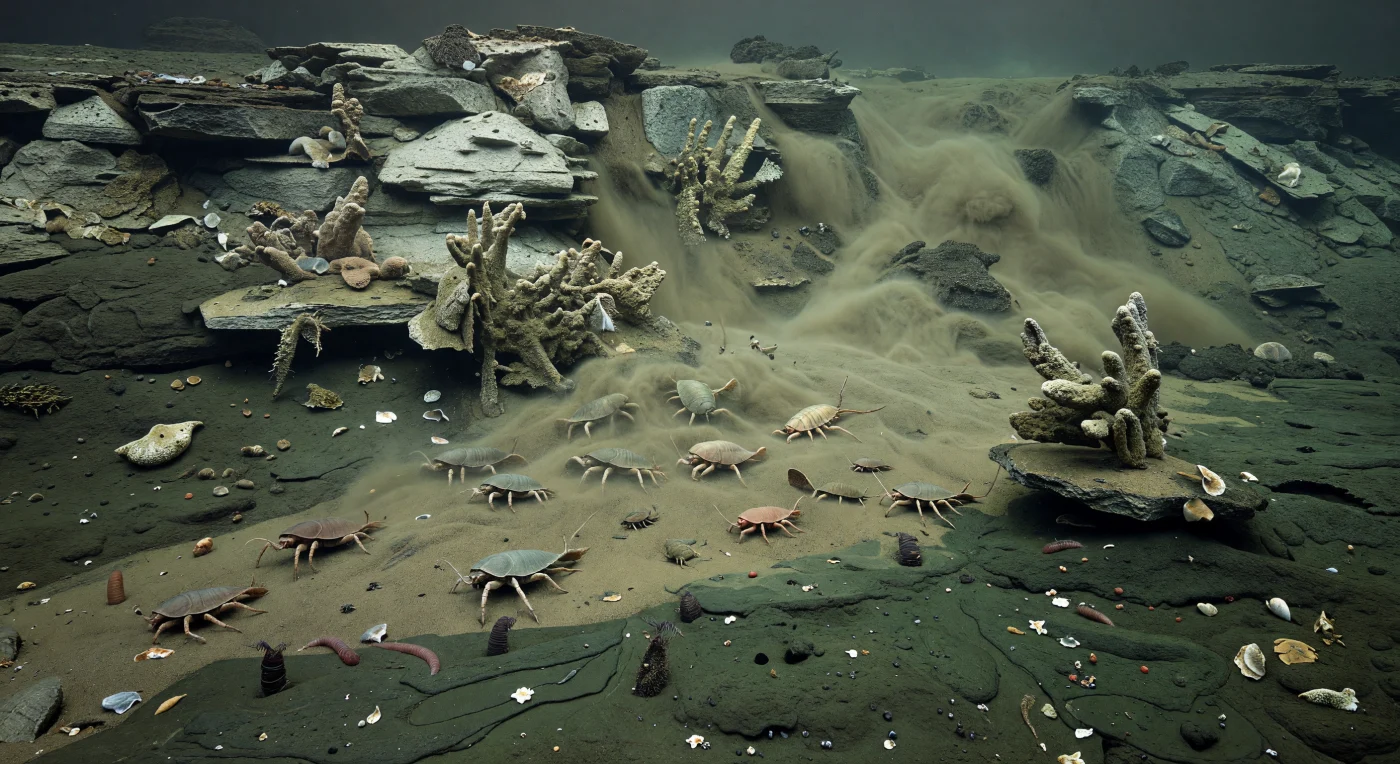 Num mar temperado do Cambriano Médio, há cerca de 508 milhões de anos, uma densa corrente de sedimentos despenca pela escarpa da plataforma de Laurentia e sepulta subitamente uma comunidade do tipo Burgess Shale nas profundezas pouco oxigenadas da bacia. Em primeiro plano, artrópodes como Sidneyia inexpectans e Canadaspis perfecta são arrastados e abafados por lodo fino e cinza vulcânica, enquanto os vermes priapúlidos Ottoia prolifica e as esponjas ramificadas Vauxia colapsam sob a carga. Este tipo de soterramento rápido ajudou a preservar com notável detalhe animais de corpo mole, oferecendo uma rara janela para os ecossistemas marinhos complexos do início da explosão cambriana.