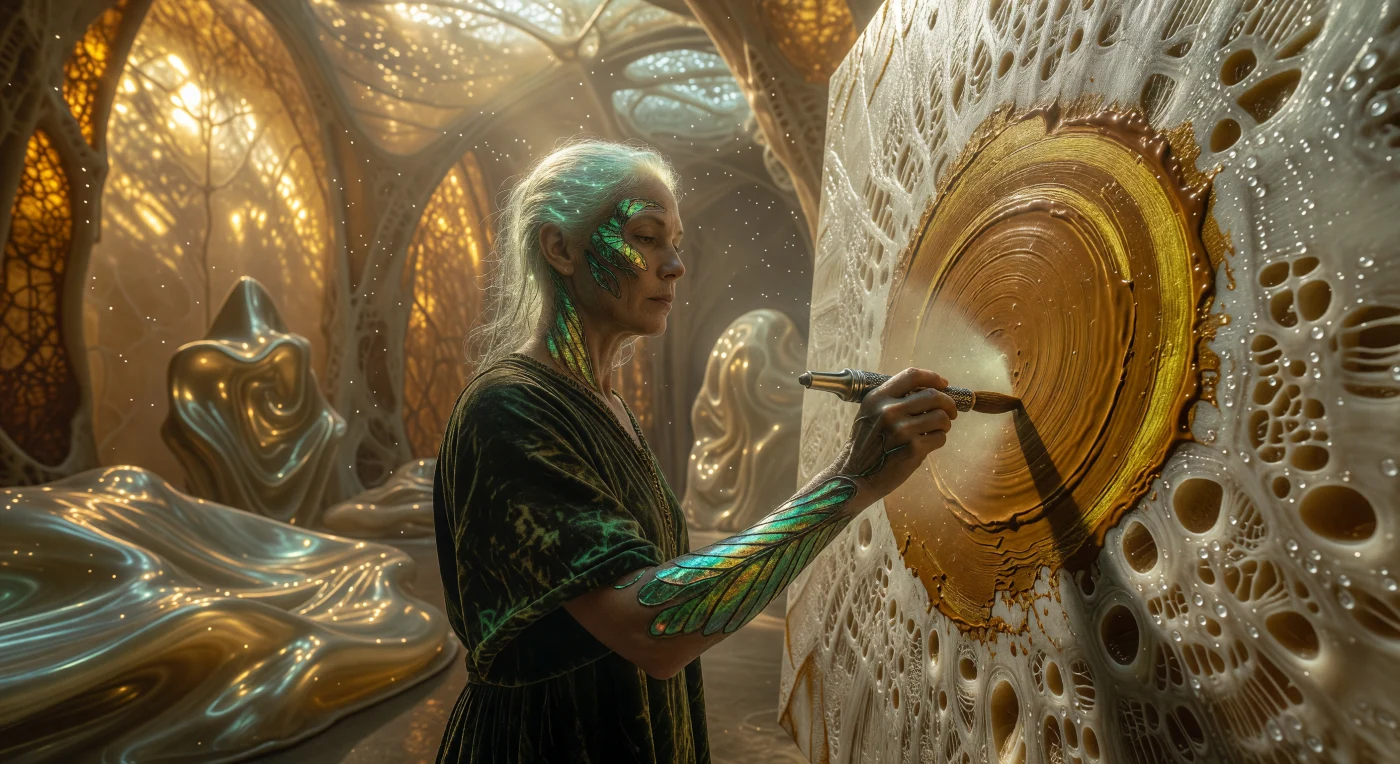 يظهر فنان من "أتباع المركزية الحيوية الأرضية" خلال عصر "التباعد العظيم" (2200-2500 ميلادي)، وهو يضع لمسات من "الأصباغ الحسية" المهتزة فوق لوحة ضخمة من نسيج الميسيليوم الفطري المعقد. تعكس بنية الفنان قروناً من التطور الجيني المتعمد، حيث تبرز تطعيمات الكيتين الزمردية على بشرته وتتوهج خيوط شعره بضياء حيوي، بينما يتنفس رداؤه "المخملي الحي" بانتظام في هواء المعرض المشبع بالأكسجين. يجسد هذا المشهد ذروة الفن الانطباعي العصبي، حيث تطلق الأصباغ طنيناً منخفض التردد ورائحة الأوزون الحادة، داخل عمارة "منمّاة" من الكيتين والراتنج تجسد الاندماج الكامل بين الكائن الحي وبيئته الاصطناعية.