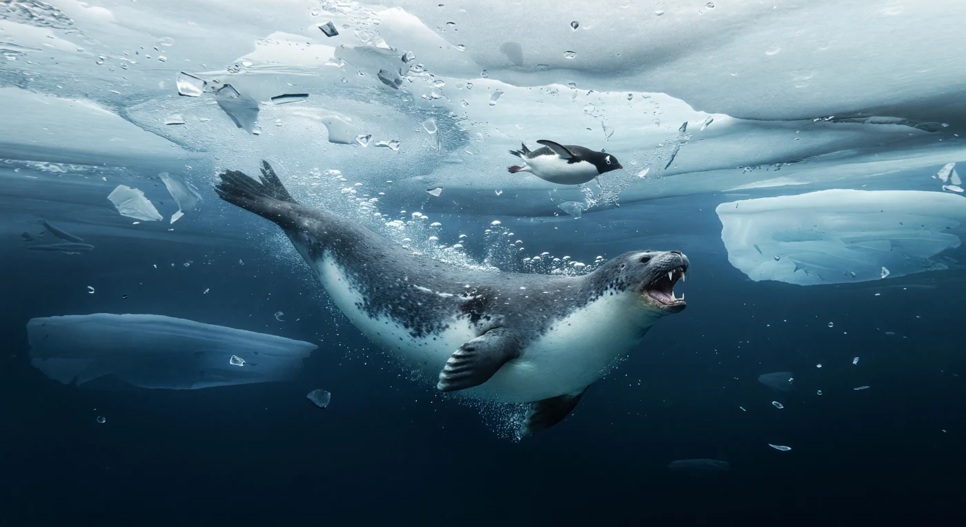 Nel tardo Pleistocene, negli ultimi circa 126.000-11.700 anni, ai margini del pack antartico un leopardo marino, Hydrurga leptonyx, scatta dalle acque gelide e scure verso un pinguino di Adelia, Pygoscelis adeliae, in una fulminea imboscata sotto il ghiaccio stagionale. La scena mostra il grande predatore, lungo circa 3,2 metri, con corpo affusolato e maculato, fauci aperte e scia di bolle in risalita tra frammenti di ghiaccio biancastro illuminati dall’alto, mentre il più piccolo pinguino tenta di virare via. Questo ecosistema della banchisa, già allora dominato da foche, pinguini e krill dell’Oceano Australe, rivela come anche nell’Età del Ghiaccio le acque ai bordi delle calotte polari fossero ambienti ricchi di vita, ma segnati da predazione rapida e spietata.