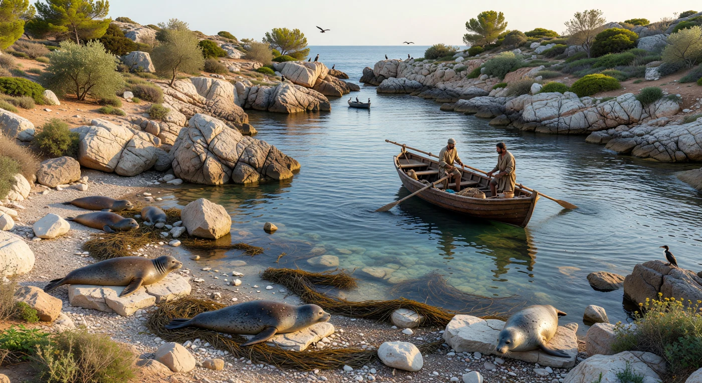 En esta cala rocosa y apartada del Mediterráneo de la Edad del Hierro, varias focas monje descansan sobre bloques de caliza blanqueados por el sol, entre cintas arrojadas a tierra de posidonia y matorrales de olivo silvestre y pino que se aferran a la ladera. Al fondo, una pequeña barca pesquera de madera, impulsada a remo, se desliza hacia la ensenada con redes, pesos de piedra y cestas de mimbre, reflejando las técnicas costeras sencillas pero eficaces de los siglos VII–V a. C. La escena evoca un litoral aún poco alterado, donde comunidades humanas y fauna marina compartían espacios de pesca y refugio en uno de los mares más transitados del mundo antiguo.
