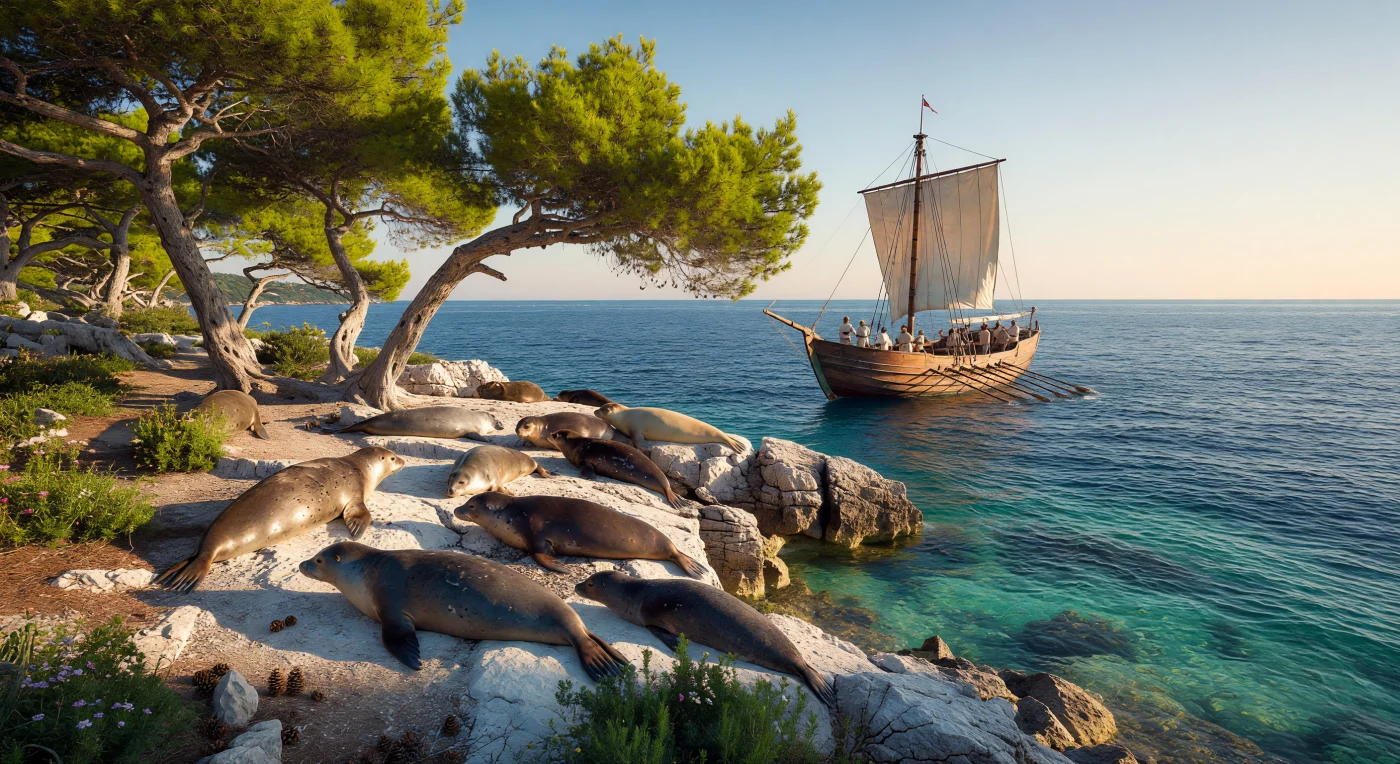 Una colonia di foche monache del Mediterraneo si crogiola su una bianca scogliera calcarea sotto i pini d'Aleppo, mentre in lontananza una liburna romana scivola sulle acque cerulee del *Mare Nostrum*. Questa scena del II secolo d.C. illustra la ricca biodiversità dell'epoca, quando l'egemonia marittima di Roma garantiva la sicurezza delle rotte commerciali attraverso imbarcazioni agili e veloci. L'assenza di segni della civiltà moderna sottolinea la bellezza incontaminata delle coste adriatiche durante il periodo di massima connettività marittima dell'Antichità.